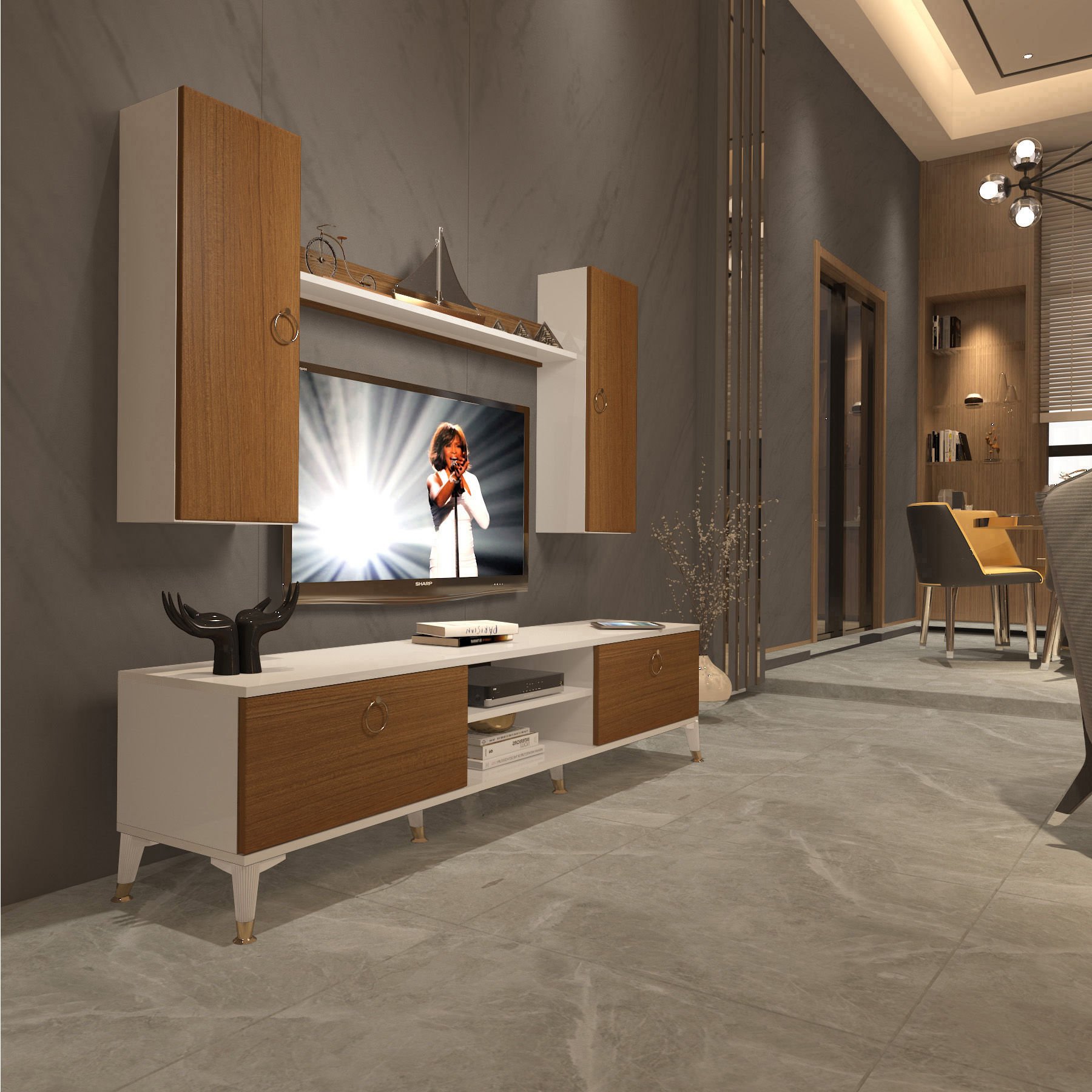 Decoraktiv Eko 7 Mdf Dvd Gold Tv Ünitesi Tv Sehpası Beyaz - Ceviz
