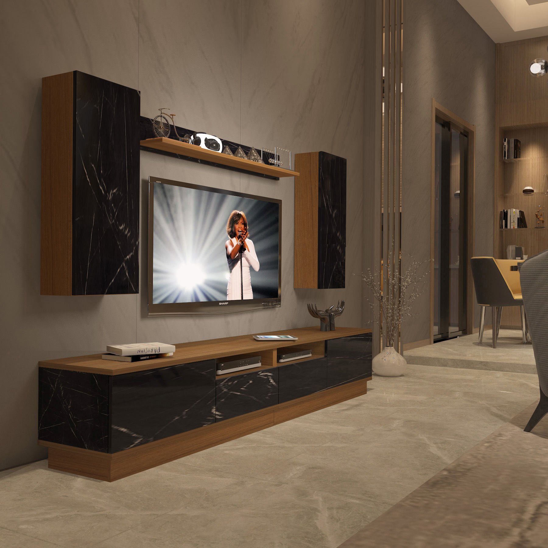 Decoraktiv Trendstyle 5220DS Mdf Tv Ünitesi Tv Sehpası Ceviz - Siyah Mermer