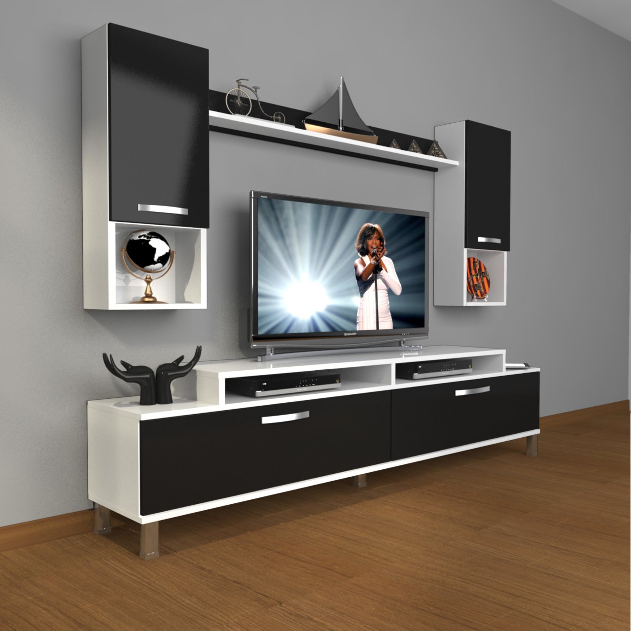 Decoraktiv Ekoflex 5DA Mdf Krom Ayaklı Tv Ünitesi Tv Sehpası Beyaz - Siyah