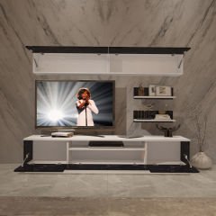 Decoraktiv Trendstyle 5S Mdf Tv Ünitesi Tv Sehpası Beyaz - Siyah Mermer
