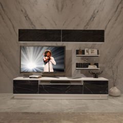 Decoraktiv Trendstyle 5S Mdf Tv Ünitesi Tv Sehpası Beyaz - Siyah Mermer