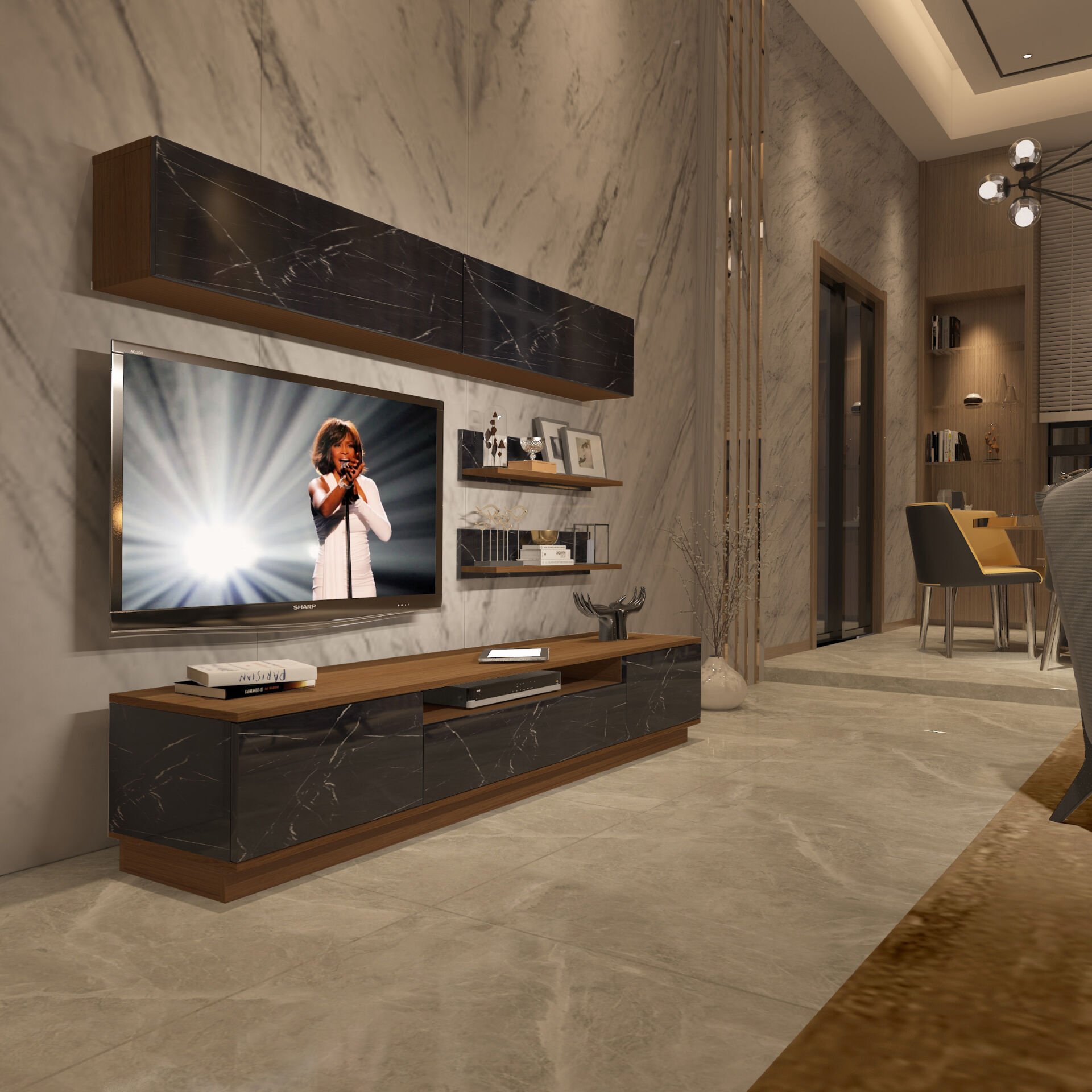 Decoraktiv Trendstyle 5S Mdf Tv Ünitesi Tv Sehpası Ceviz - Siyah Mermer