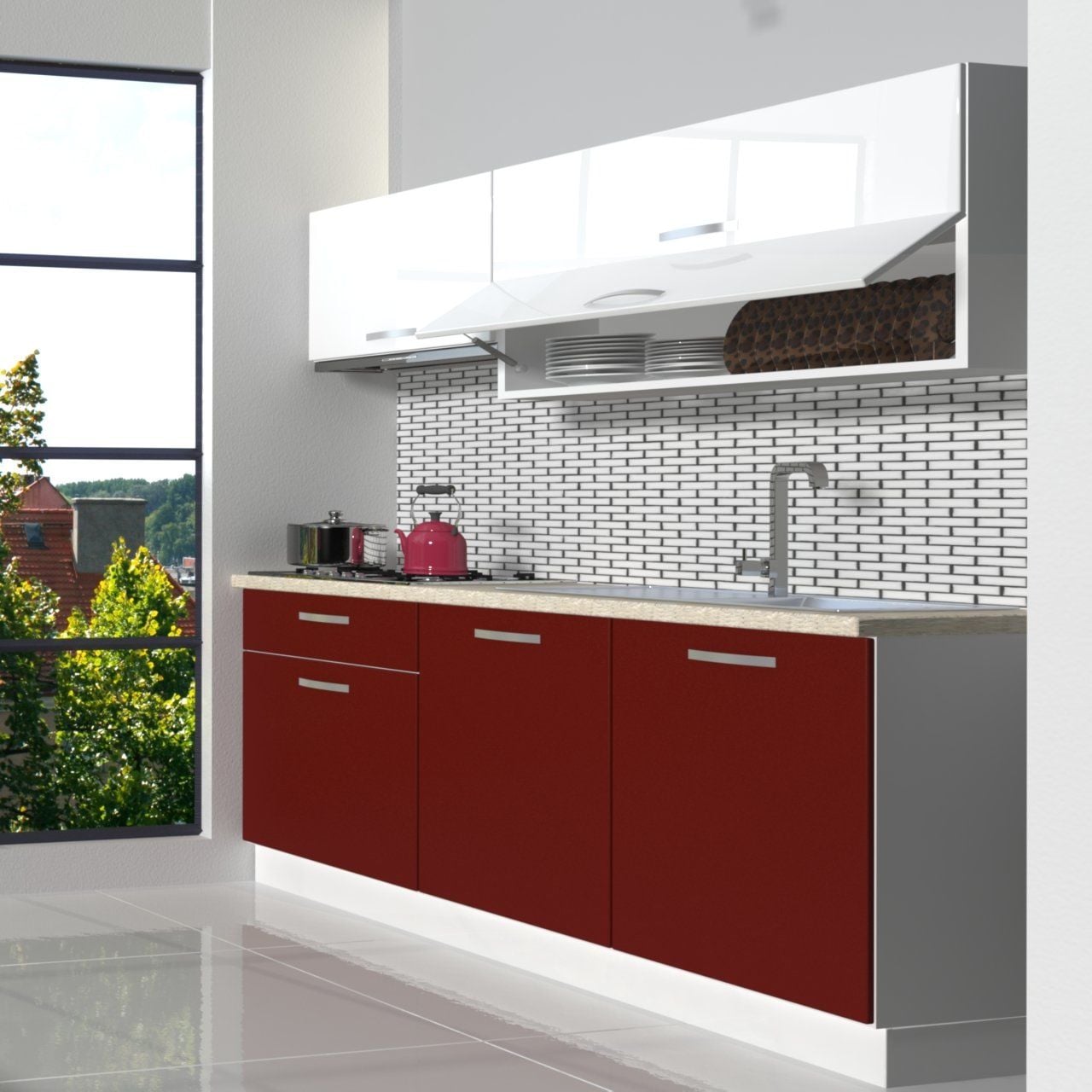 Decoraktiv Style 160 MDF Hazır Mutfak Dolabı Bordo - Beyaz