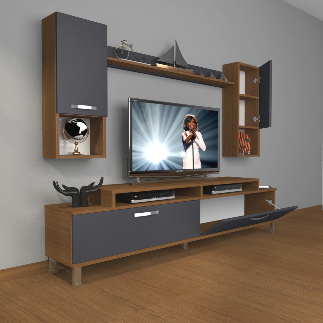 Decoraktiv Ekoflex 5DA Mdf Krom Ayaklı Tv Ünitesi Tv Sehpası Ceviz - Antrasit