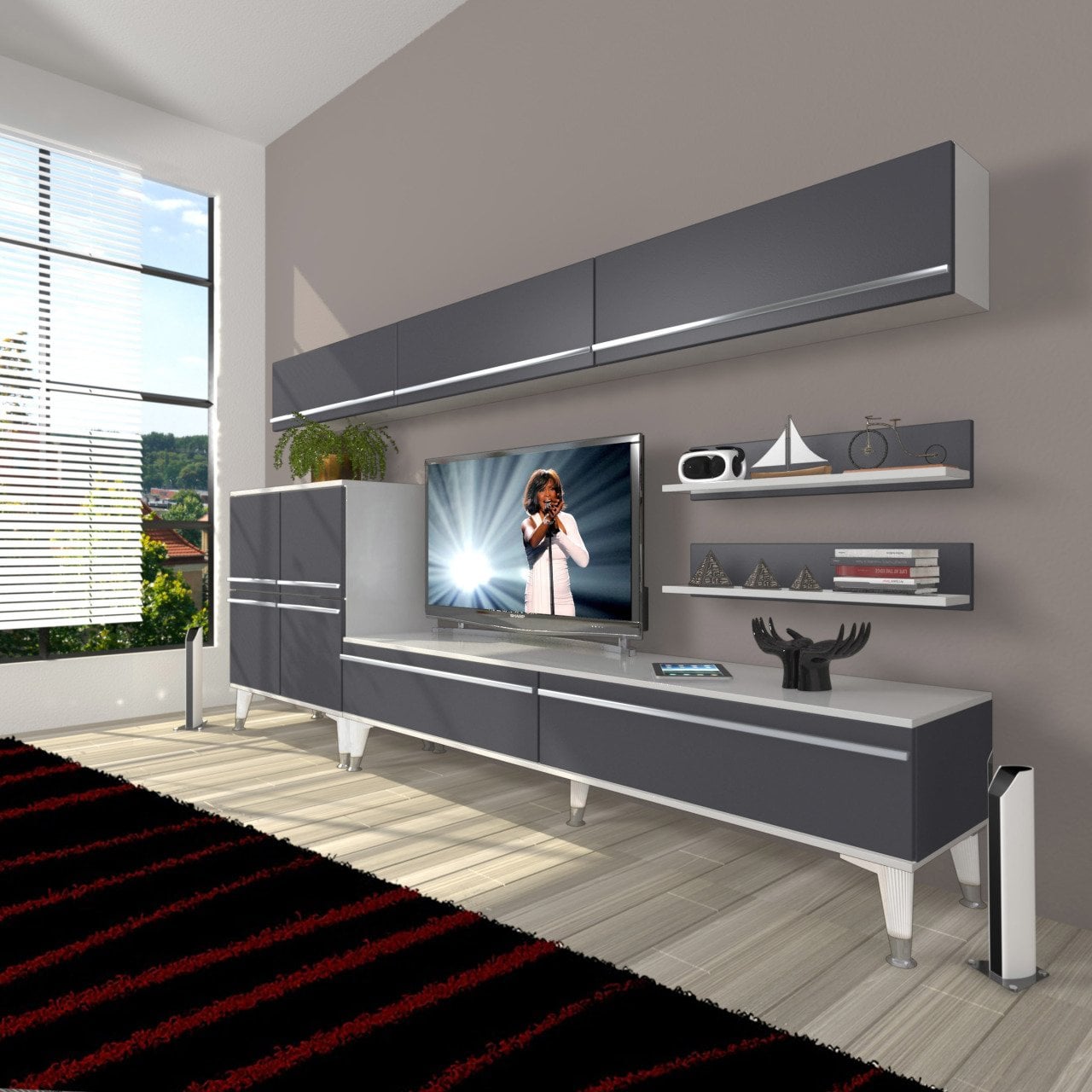 Decoraktiv Eko 8 Mdf Std Silver Tv Ünitesi Tv Sehpası Beyaz - Antrasit