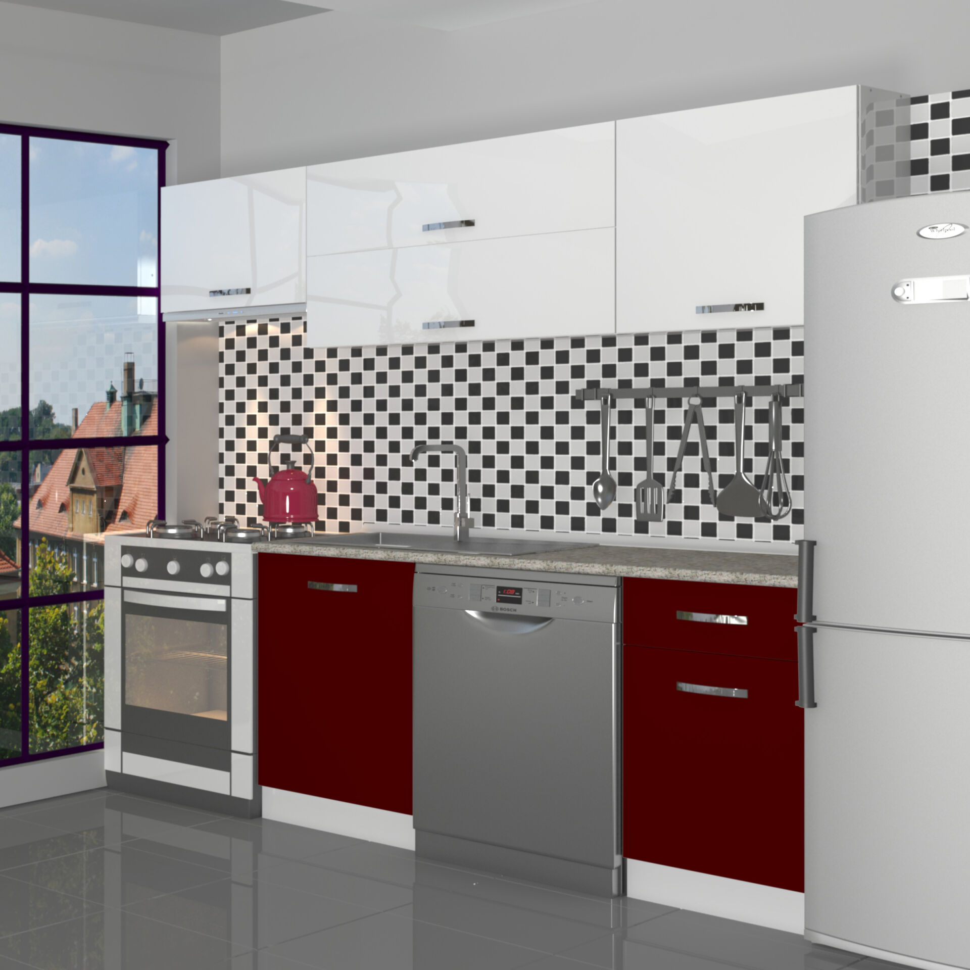 Decoraktiv Elite 220 MDF Hazır Mutfak Dolabı Bordo - Beyaz