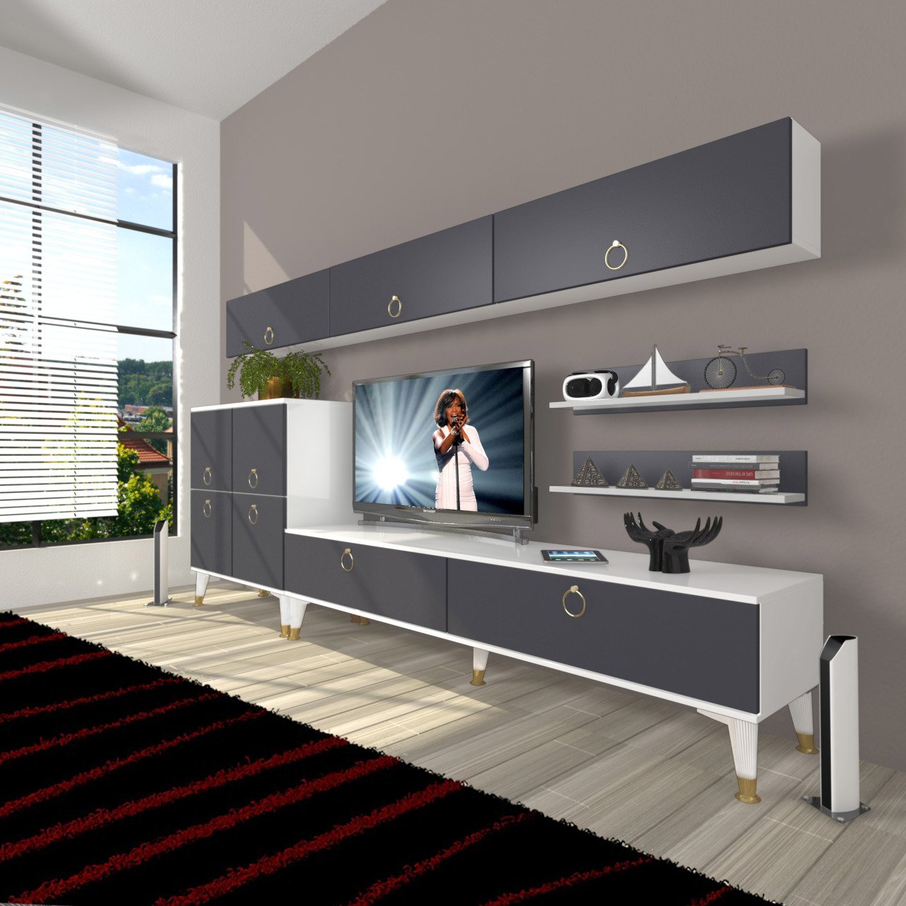 Decoraktiv Eko 8 Mdf Std Gold Tv Ünitesi Tv Sehpası Beyaz - Antrasit