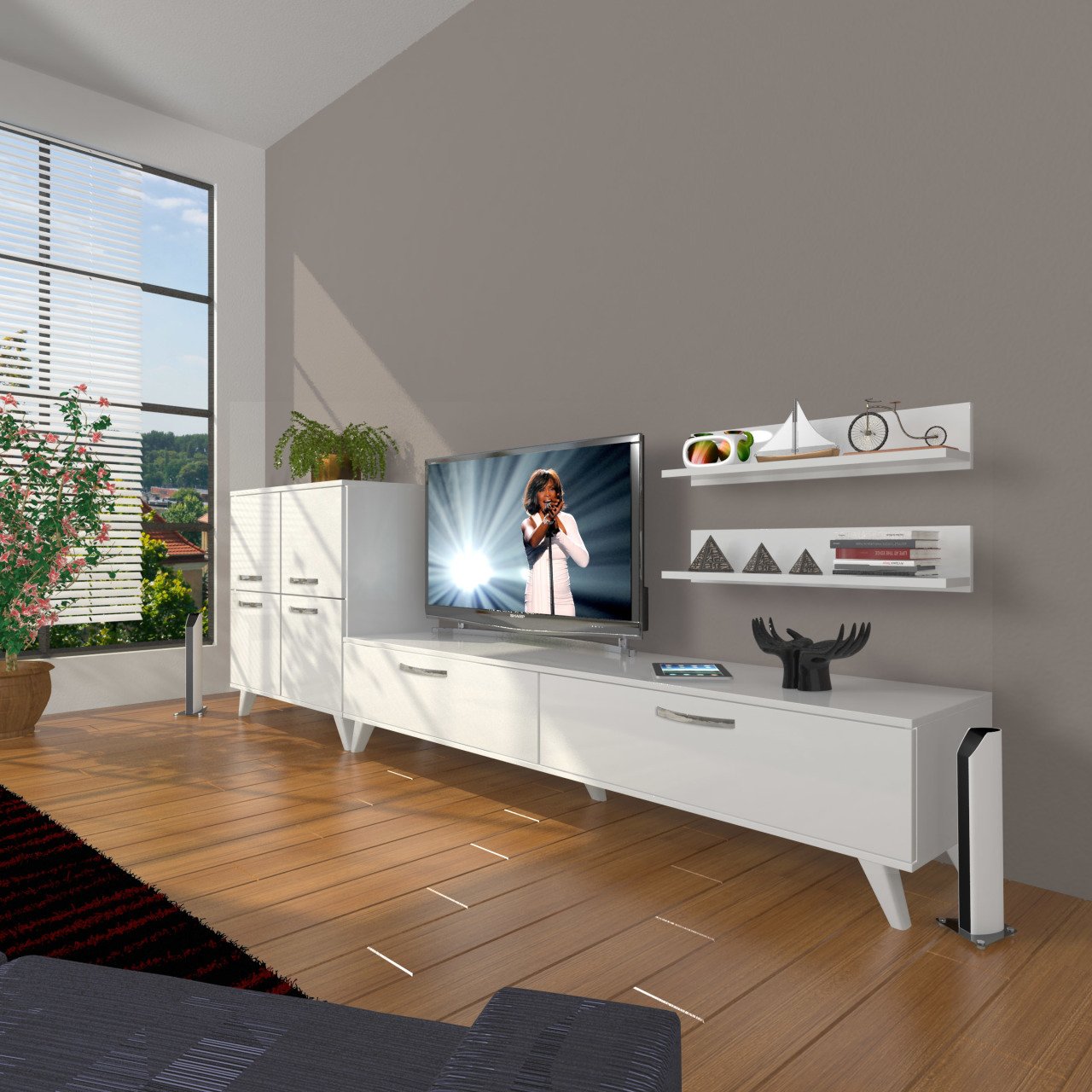 Decoraktiv Eko On Slm Std Retro Tv Ünitesi Tv Sehpası Parlak Beyaz