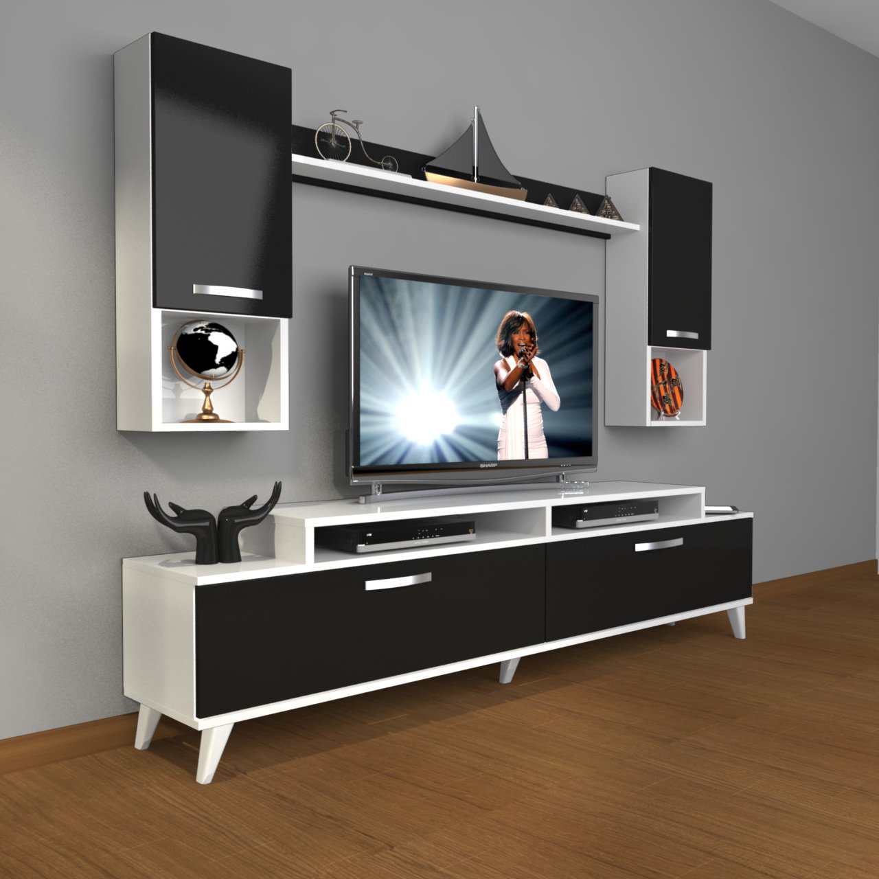 Decoraktiv Ekoflex 5DA Mdf Retro Tv Ünitesi Tv Sehpası Beyaz - Siyah