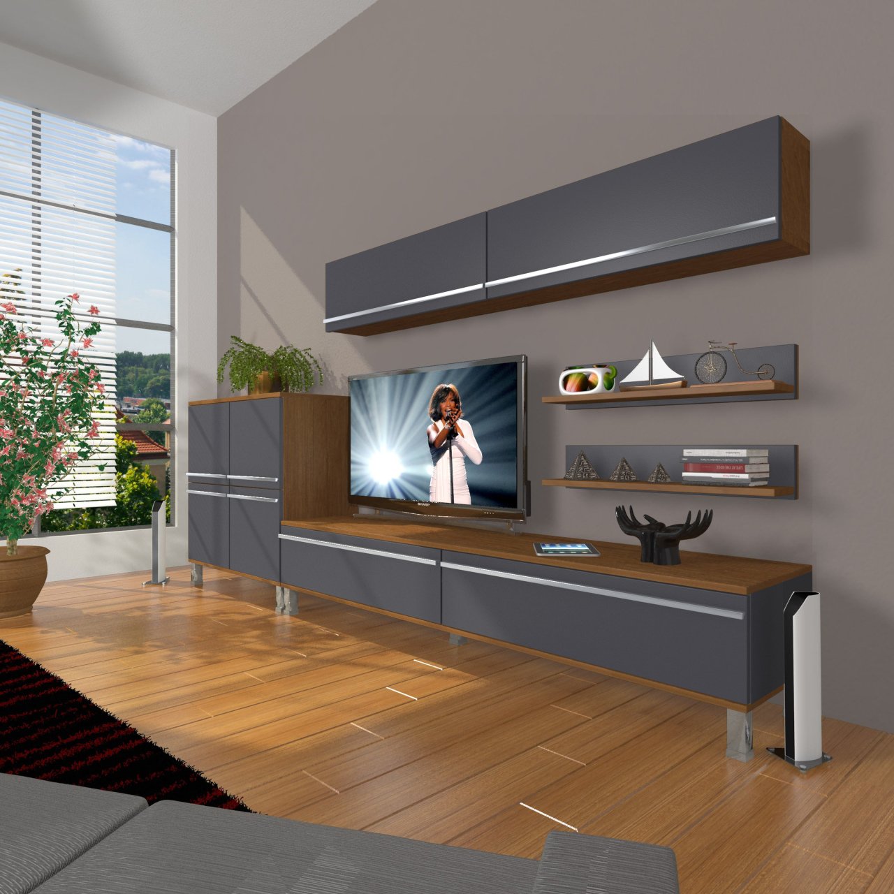 Decoraktiv Eko 6Y Mdf Std Krom Ayaklı Tv Ünitesi Tv Sehpası Ceviz - Antrasit