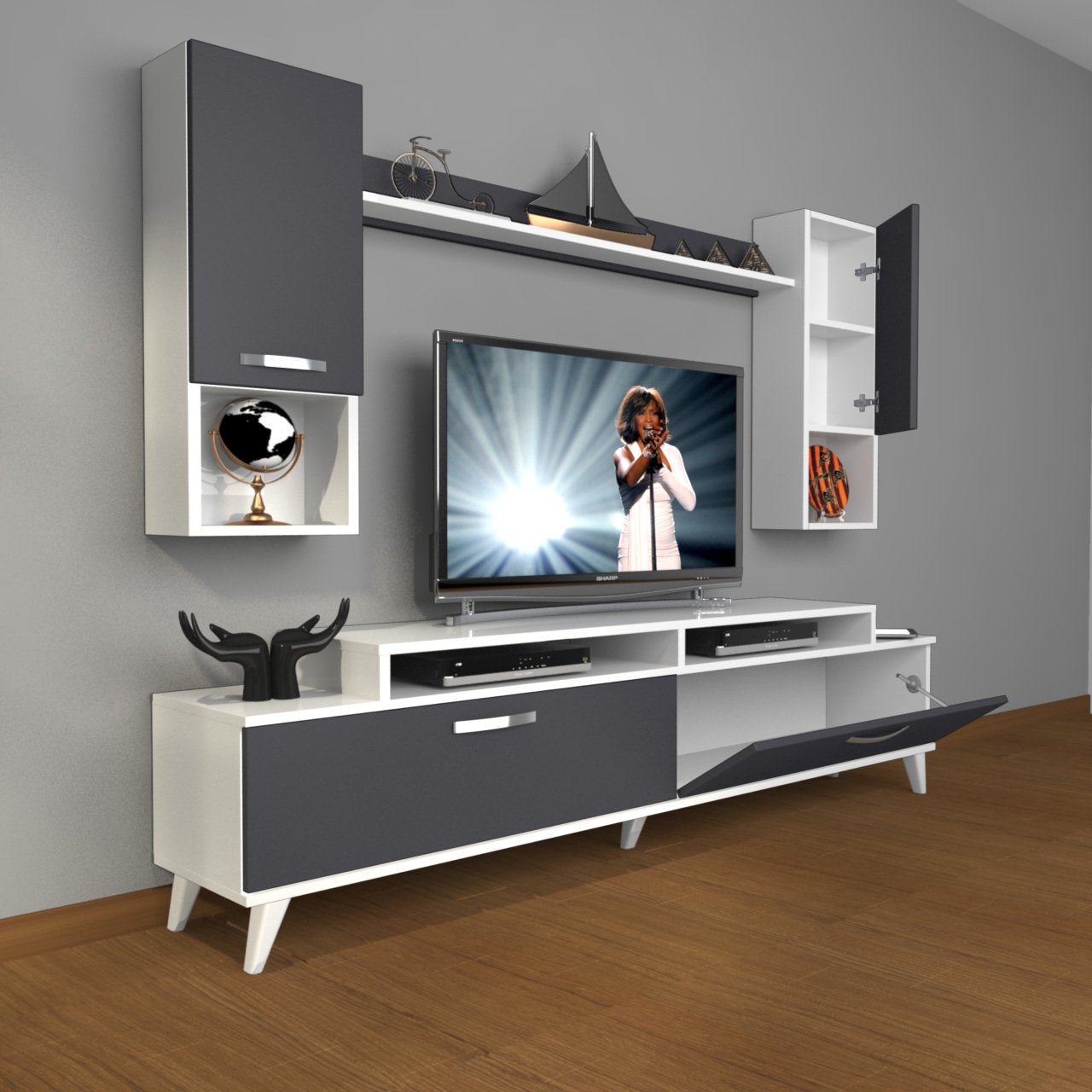 Decoraktiv Ekoflex 5DA Mdf Retro Tv Ünitesi Tv Sehpası Beyaz - Antrasit