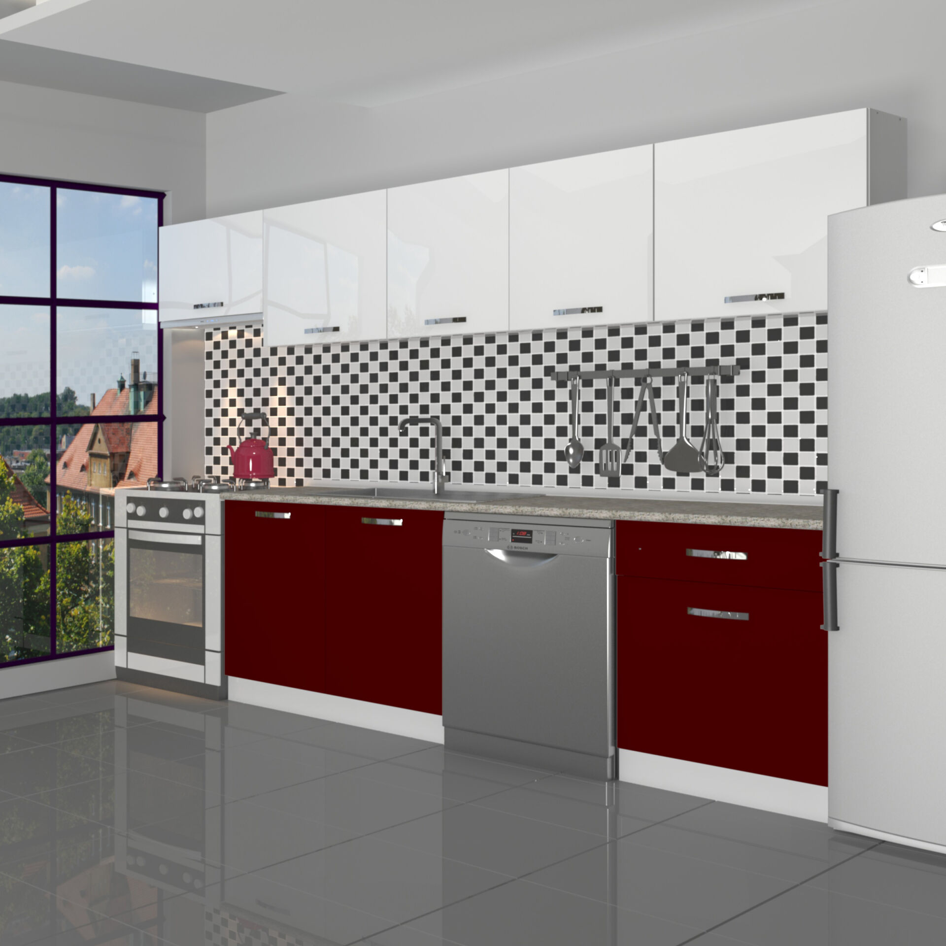 Decoraktiv Elite 280 MDF Hazır Mutfak Dolabı Bordo - Beyaz