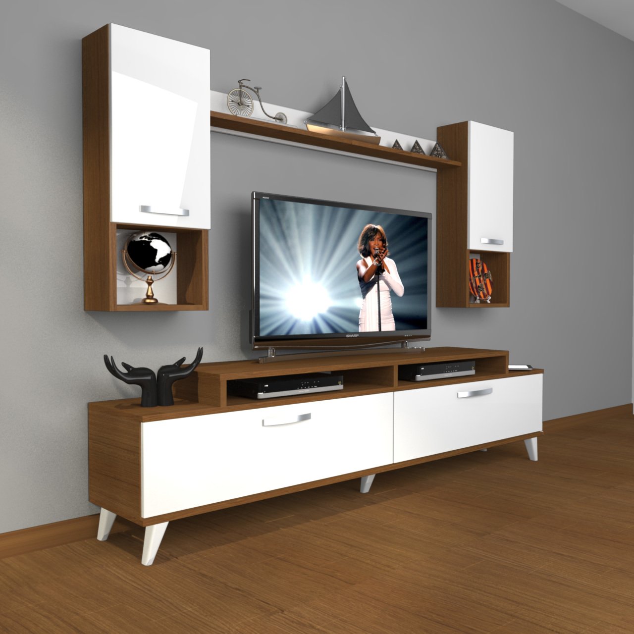 Decoraktiv Ekoflex 5DA Mdf Retro Tv Ünitesi Tv Sehpası Ceviz - Beyaz