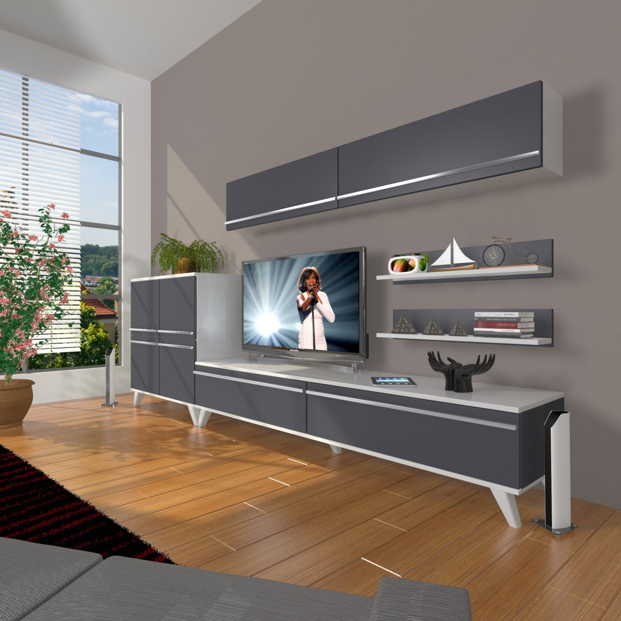 Decoraktiv Eko 6Y Mdf Std Retro Tv Ünitesi Tv Sehpası Beyaz - Antrasit