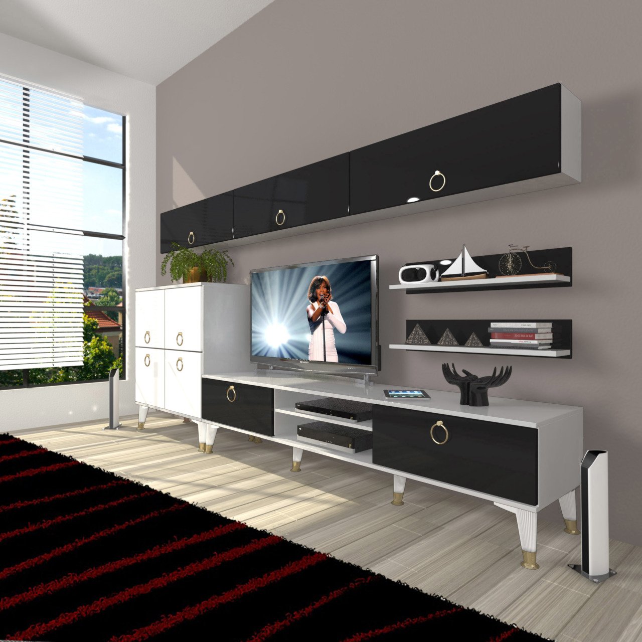 Decoraktiv Eko 8 Mdf Dvd Gold Tv Ünitesi Tv Sehpası Beyaz - Siyah