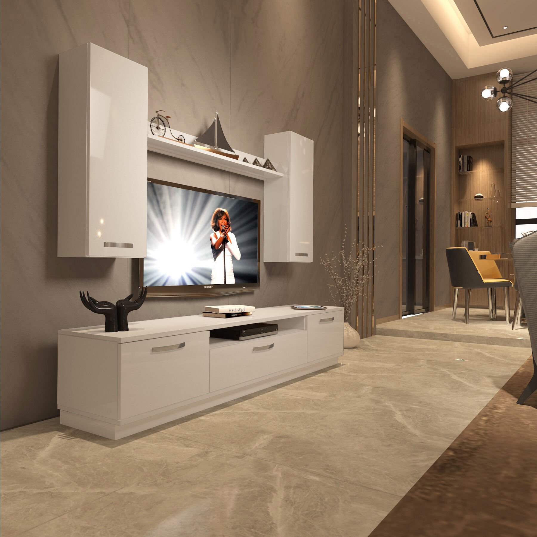 Decoraktiv Trendstyle 5D Mdf Tv Ünitesi Tv Sehpası Parlak Beyaz