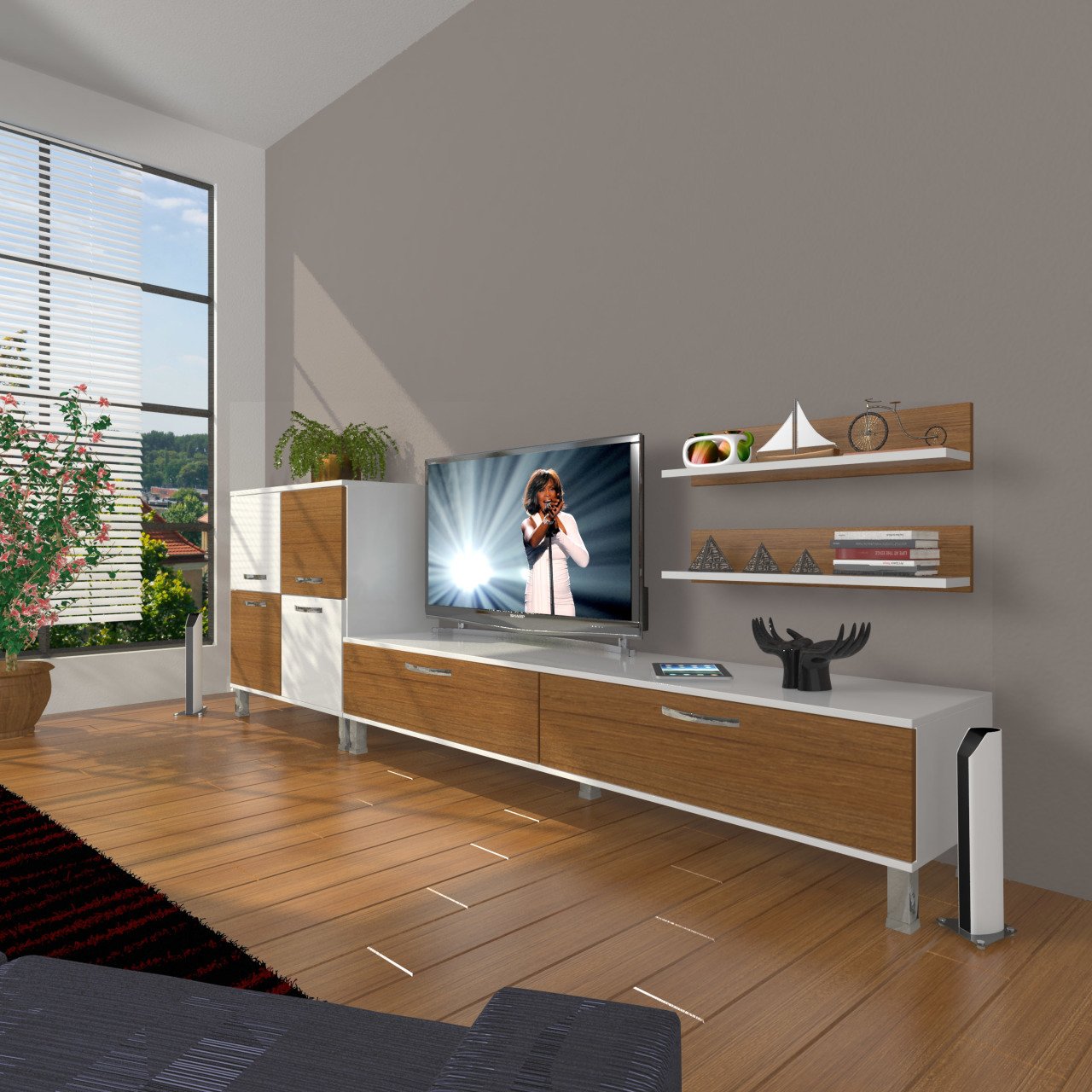 Decoraktiv Eko On Slm Std Krom Ayaklı Tv Ünitesi Tv Sehpası Beyaz - Ceviz