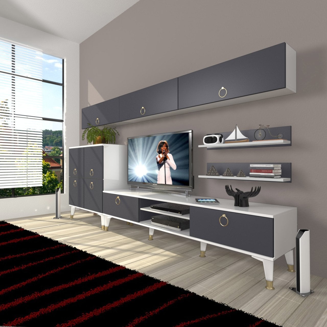 Decoraktiv Eko 8 Mdf Dvd Gold Tv Ünitesi Tv Sehpası Beyaz - Antrasit