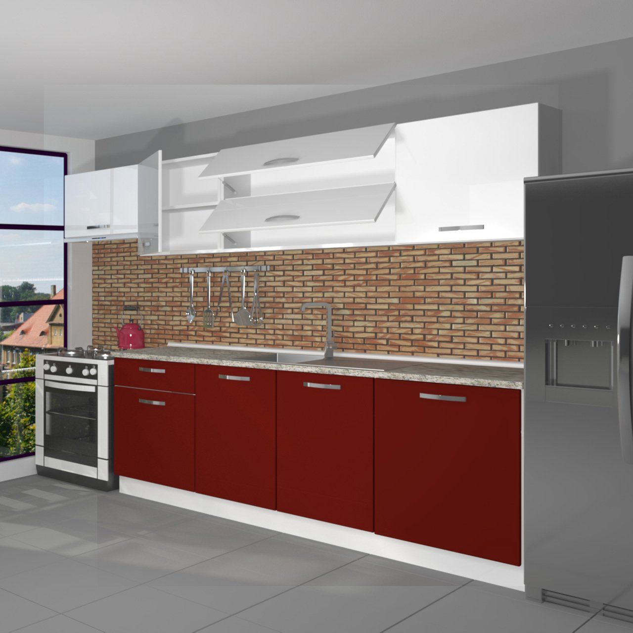 Decoraktiv Ekol 280 MDF Hazır Mutfak Dolabı Bordo - Beyaz