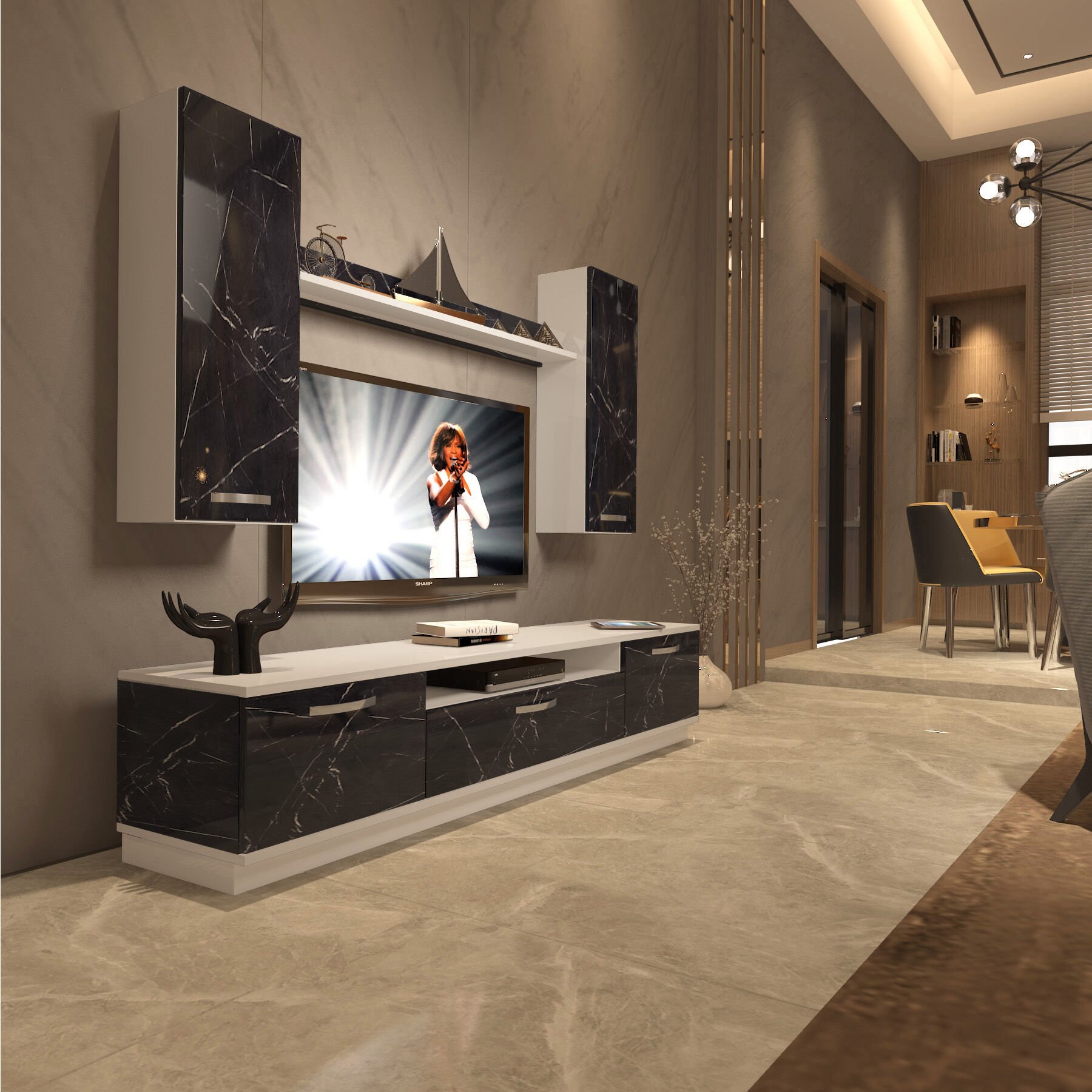 Decoraktiv Trendstyle 5D Mdf Tv Ünitesi Tv Sehpası Beyaz - Siyah Mermer