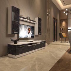 Decoraktiv Trendstyle 5D Mdf Tv Ünitesi Tv Sehpası Beyaz - Siyah Mermer