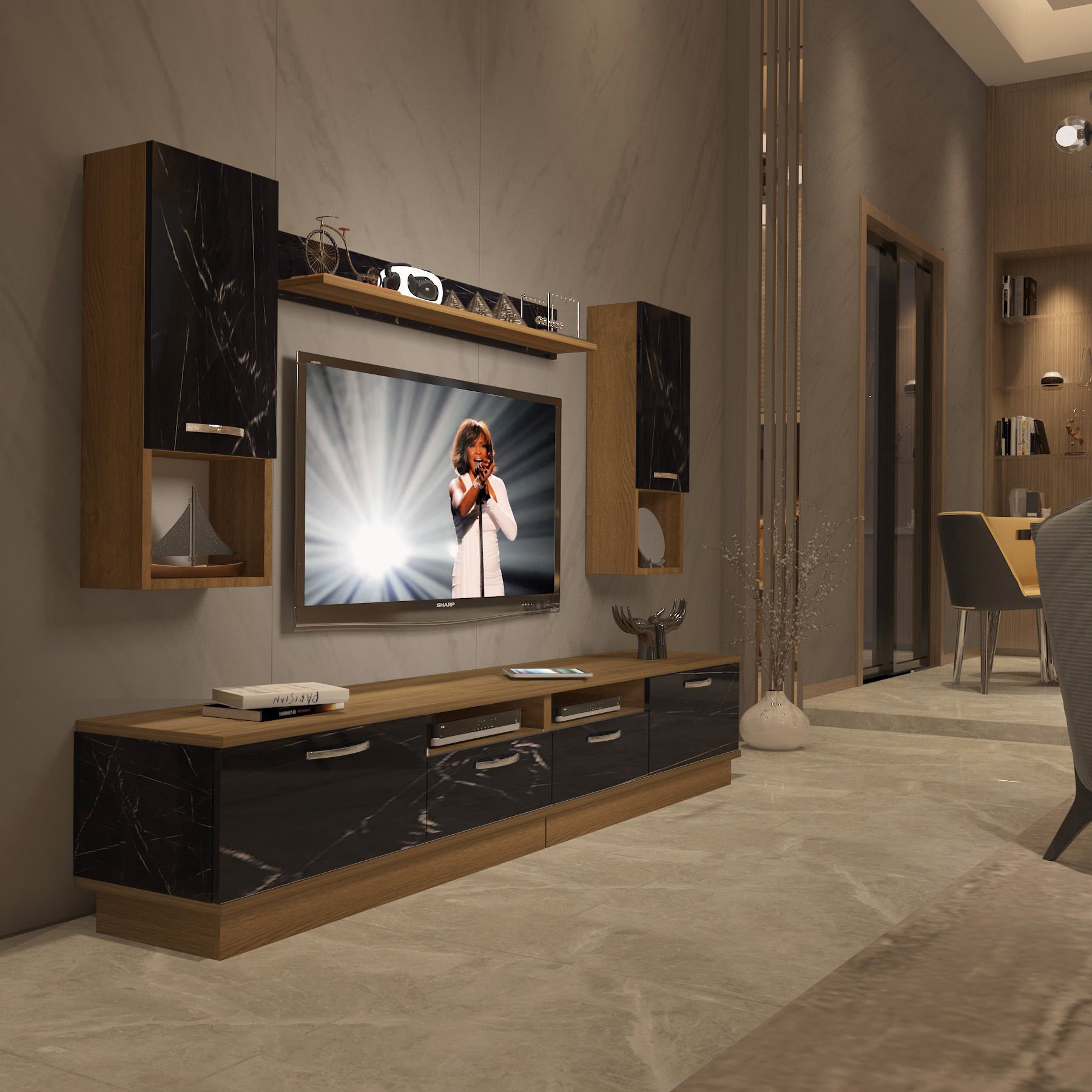 Decoraktiv Trendstyle 5220DA Mdf Tv Ünitesi Tv Sehpası Pera - Siyah Mermer