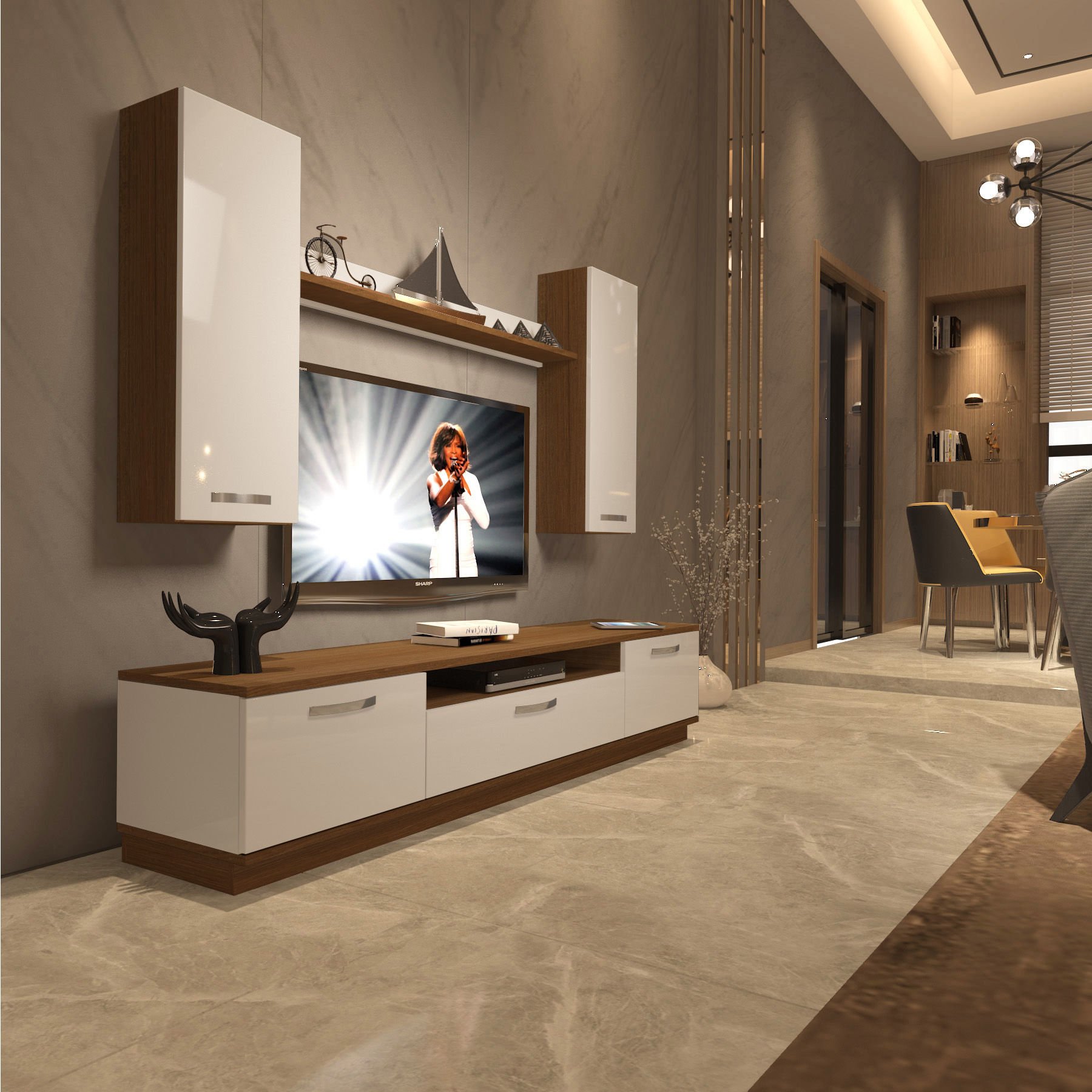 Decoraktiv Trendstyle 5D Mdf Tv Ünitesi Tv Sehpası Ceviz - Beyaz