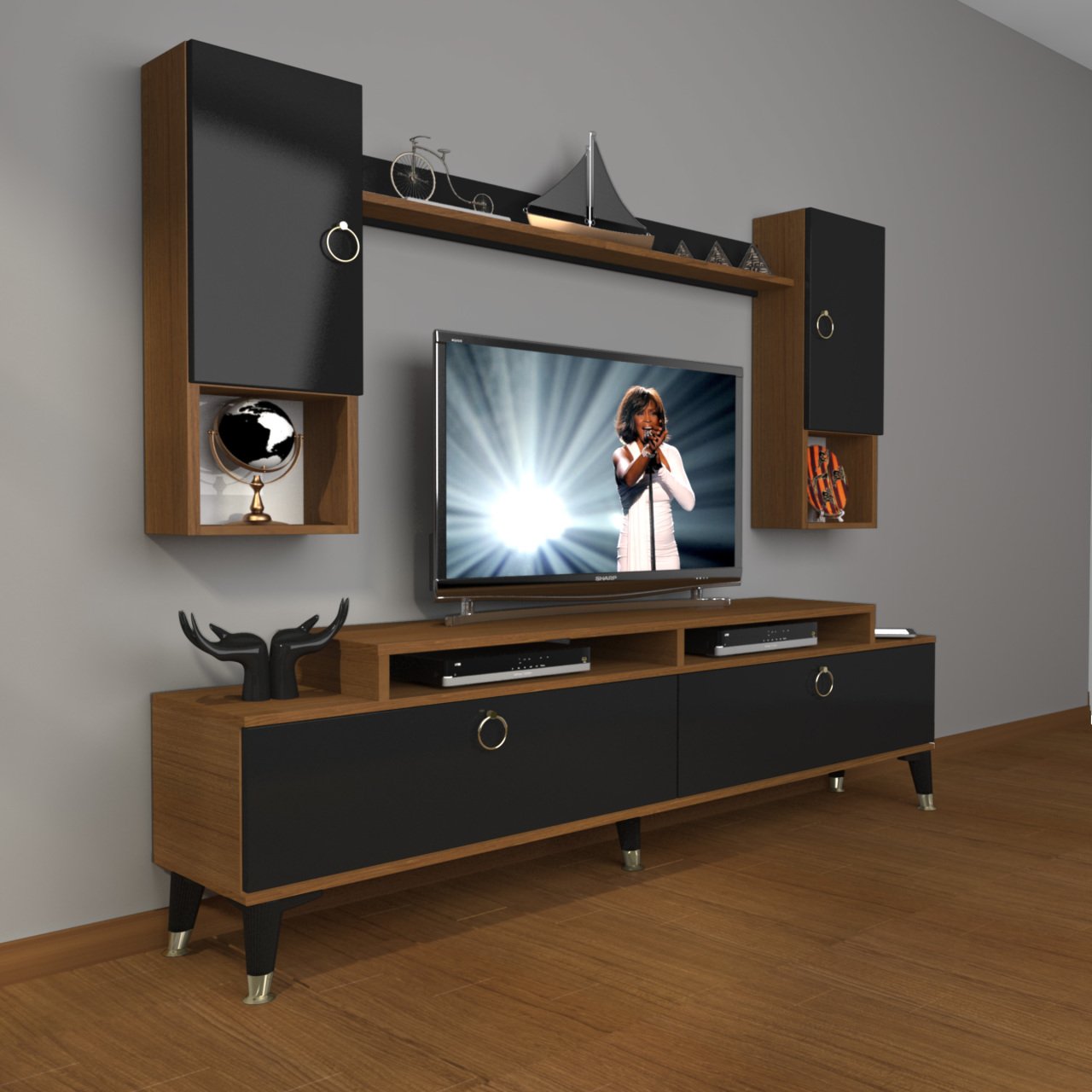 Decoraktiv Ekoflex 5DA Mdf Gold Tv Ünitesi Tv Sehpası Ceviz - Siyah