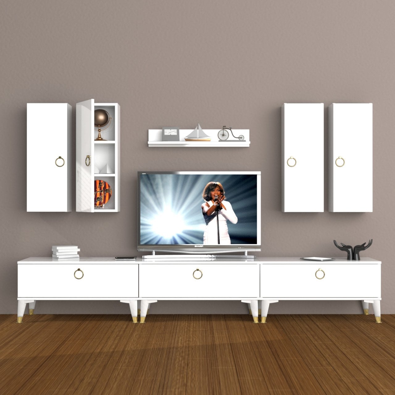 Decoraktiv Eko 8D Mdf Gold Tv Ünitesi Tv Sehpası Parlak Beyaz