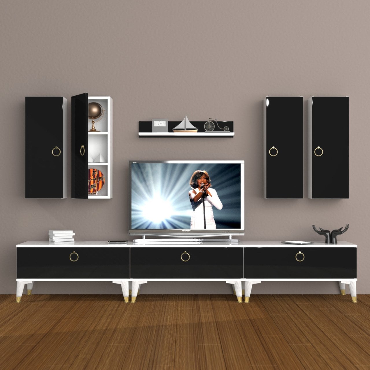 Decoraktiv Eko 8D Mdf Gold Tv Ünitesi Tv Sehpası Beyaz - Siyah
