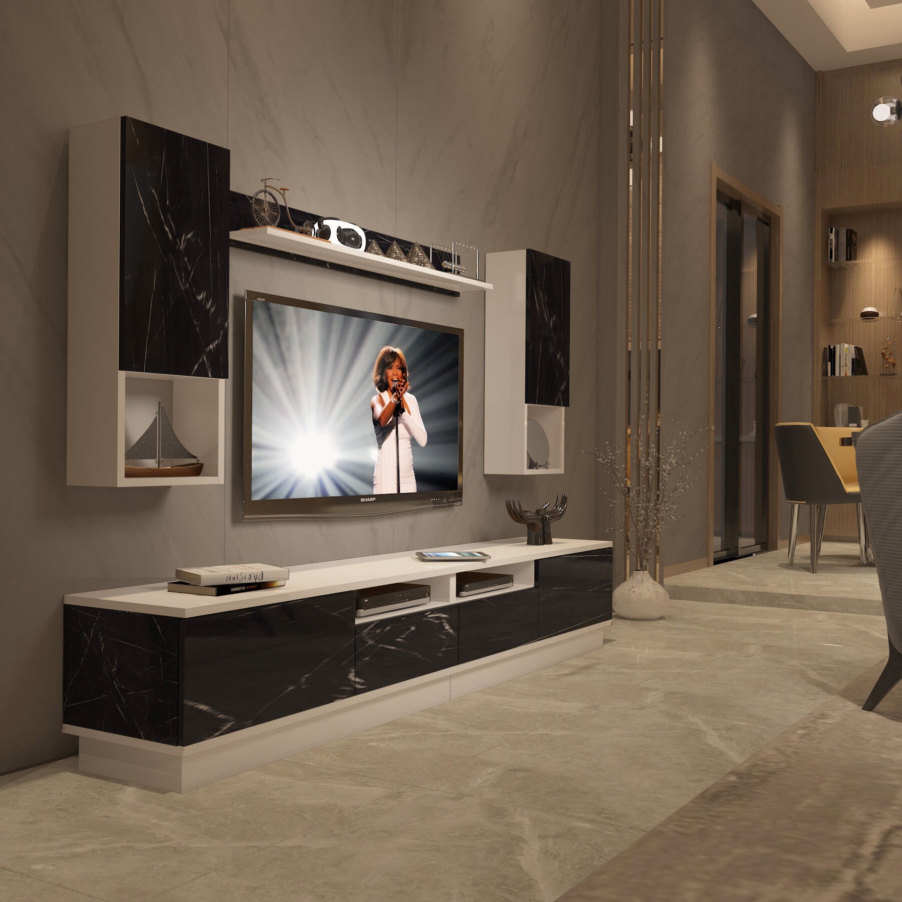 Decoraktiv Trendstyle 5220DAS Mdf Tv Ünitesi Tv Sehpası Beyaz - Siyah Mermer