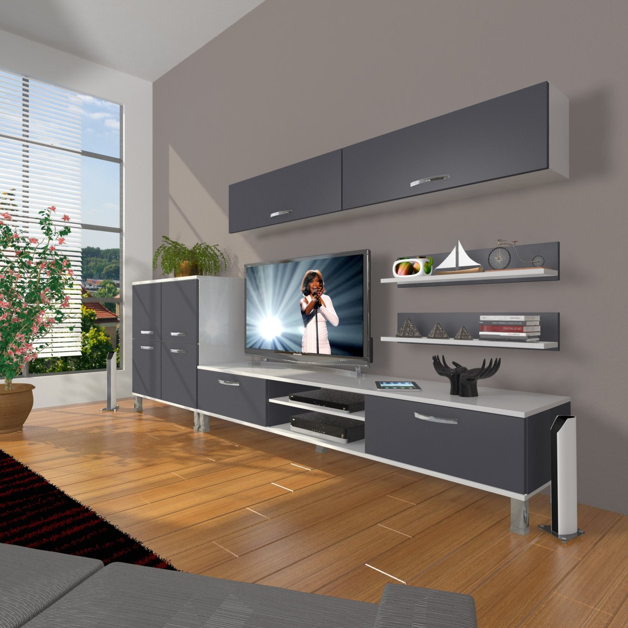 Decoraktiv Eko 6Y Mdf Dvd Krom Ayaklı Tv Ünitesi Tv Sehpası Beyaz - Antrasit