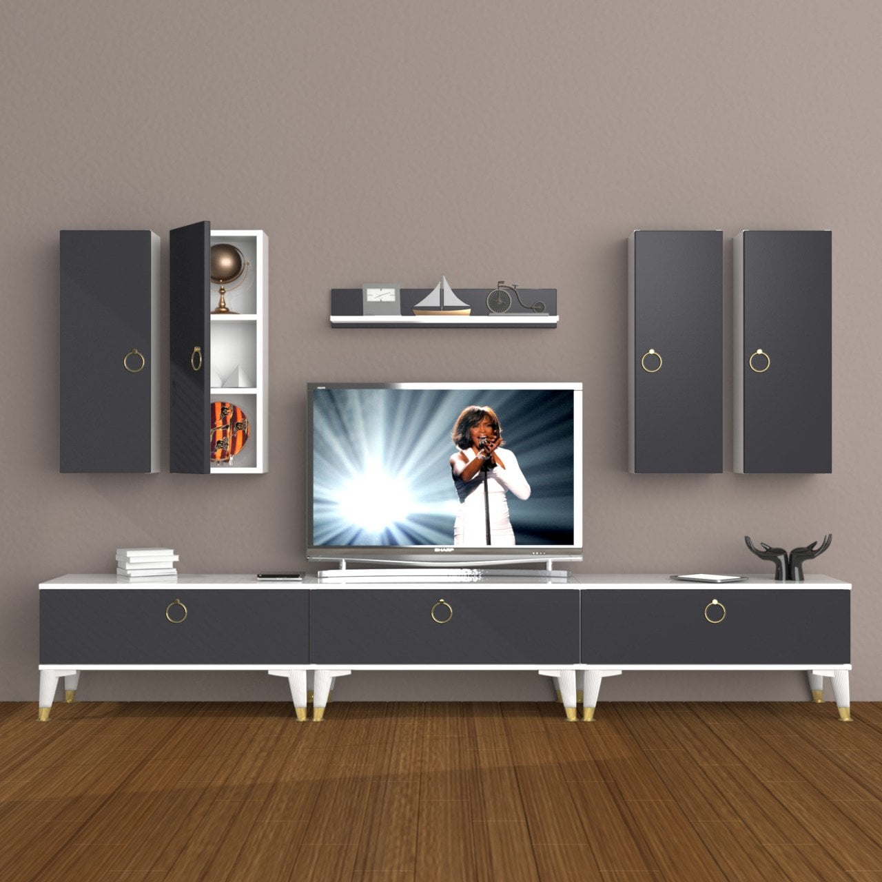 Decoraktiv Eko 8D Mdf Gold Tv Ünitesi Tv Sehpası Beyaz - Antrasit