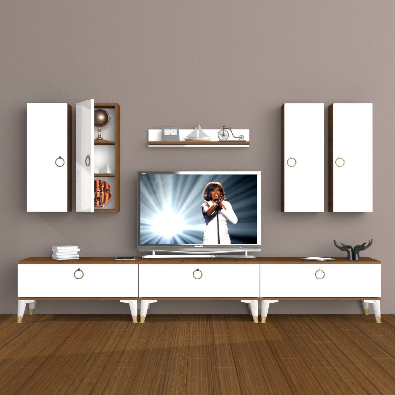 Decoraktiv Eko 8D Mdf Gold Tv Ünitesi Tv Sehpası Ceviz - Beyaz