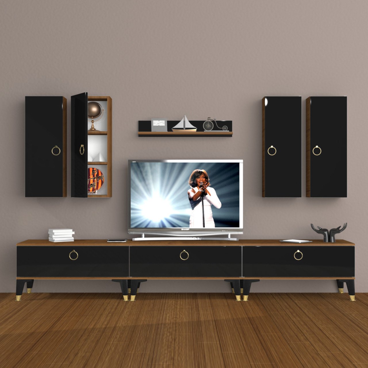 Decoraktiv Eko 8D Mdf Gold Tv Ünitesi Tv Sehpası Ceviz - Siyah