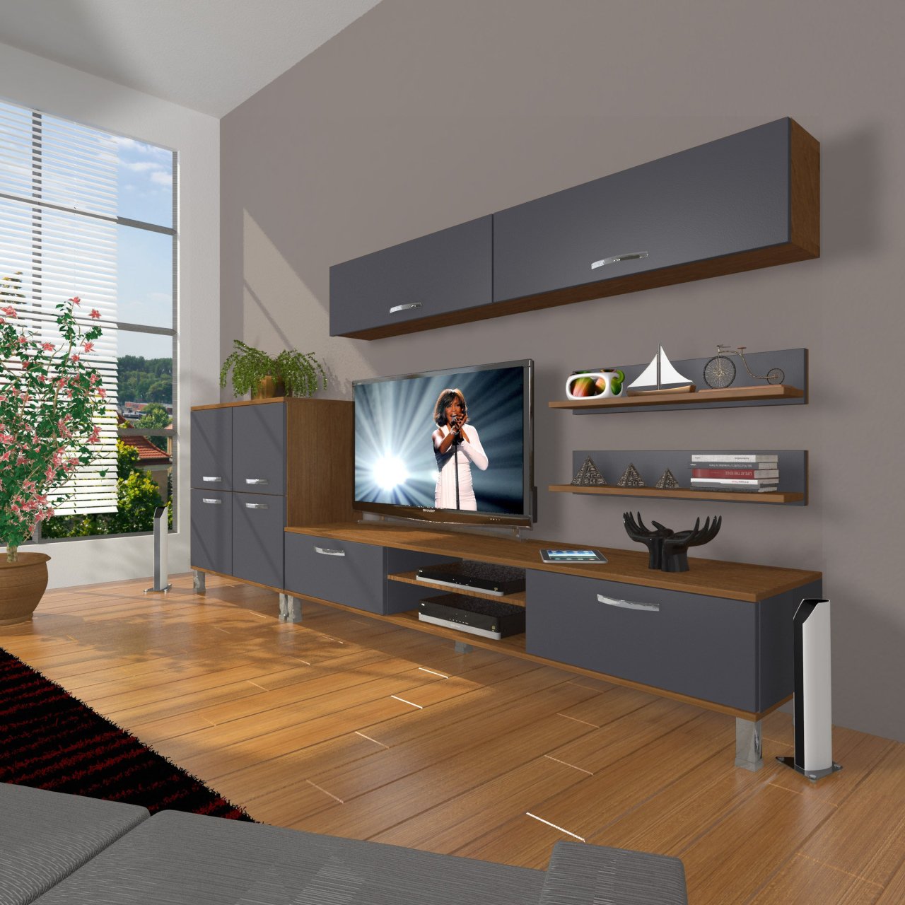 Decoraktiv Eko 6Y Mdf Dvd Krom Ayaklı Tv Ünitesi Tv Sehpası Ceviz - Antrasit