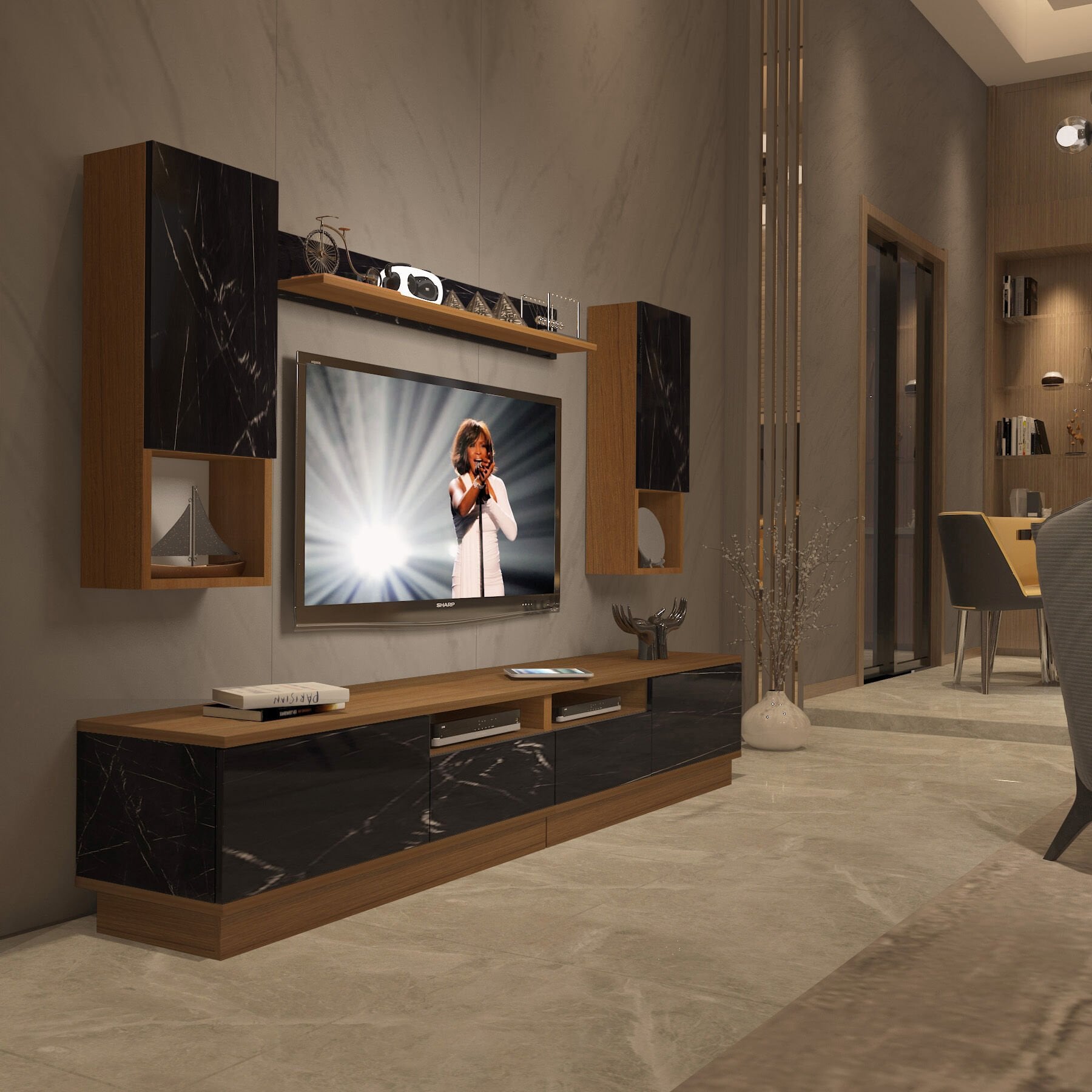 Decoraktiv Trendstyle 5220DAS Mdf Tv Ünitesi Tv Sehpası Ceviz - Siyah Mermer
