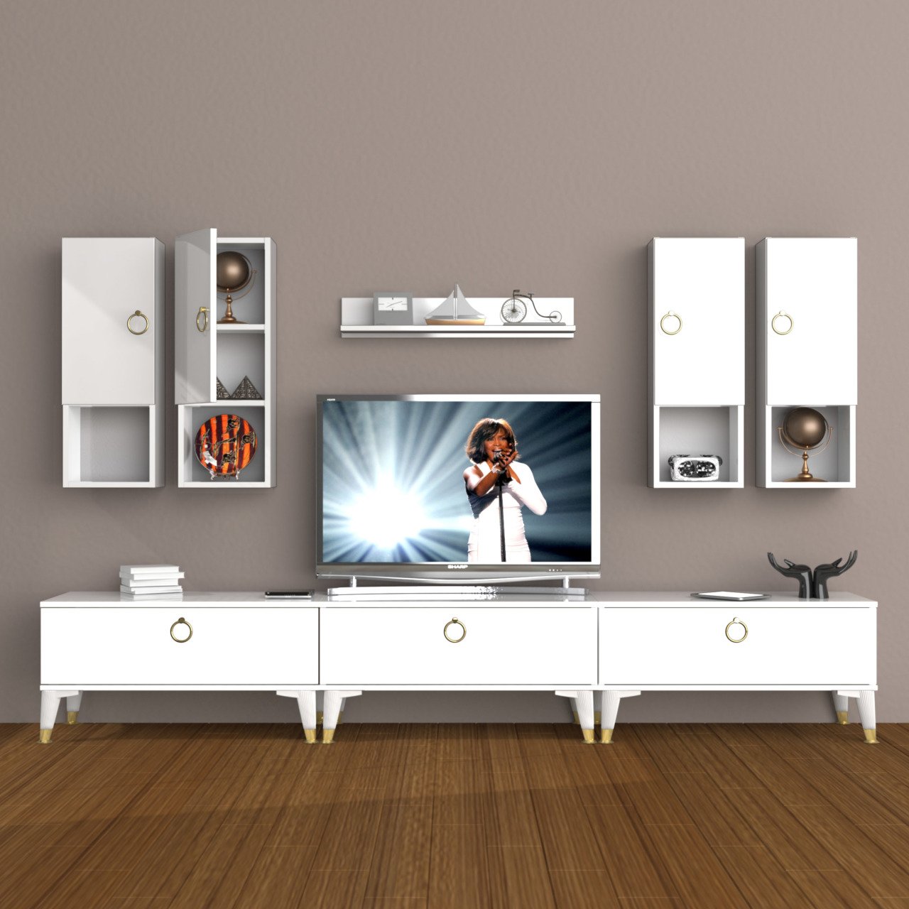 Decoraktiv Eko 8DA Mdf Gold Tv Ünitesi Tv Sehpası Parlak Beyaz