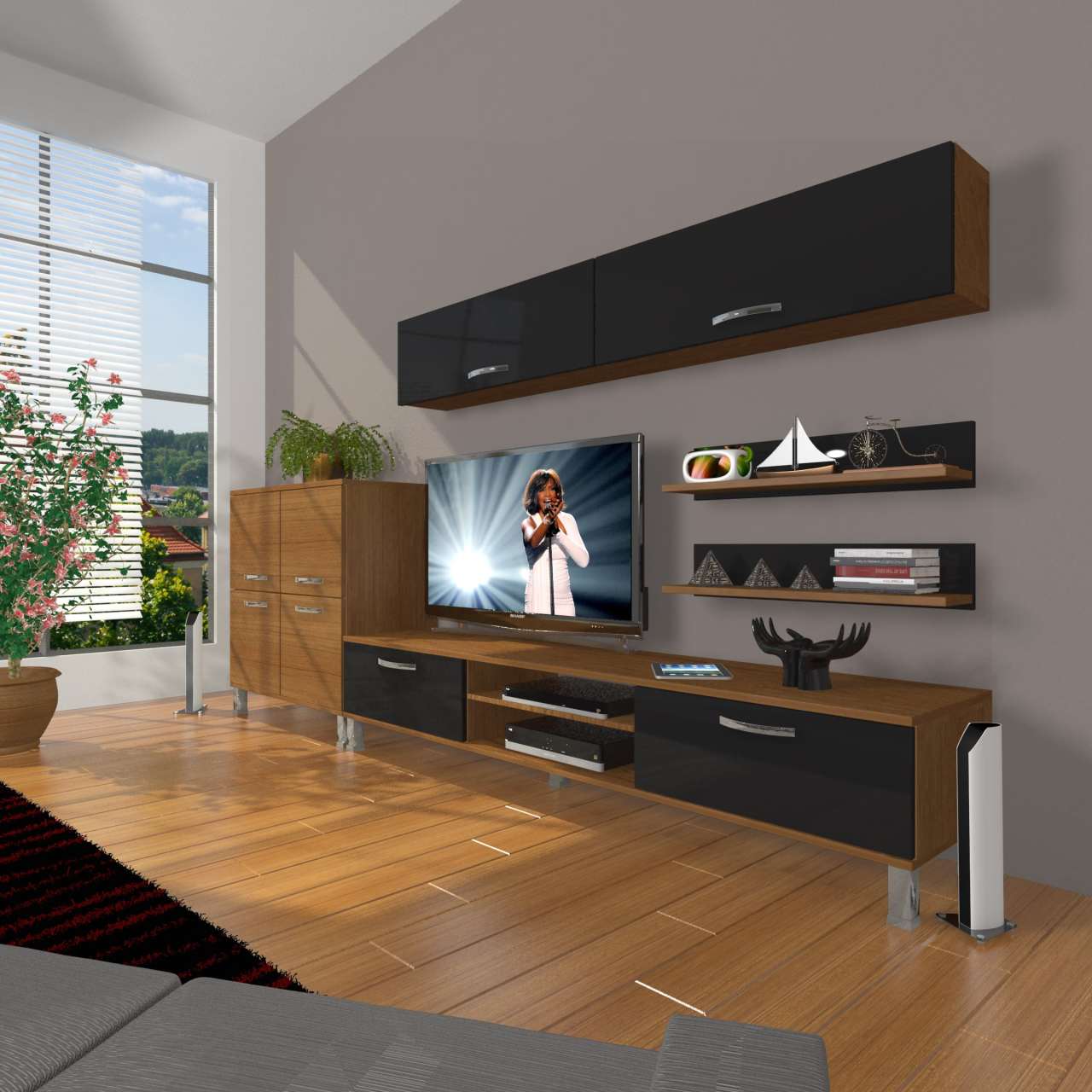 Decoraktiv Eko 6Y Mdf Dvd Krom Ayaklı Tv Ünitesi Tv Sehpası Ceviz - Siyah