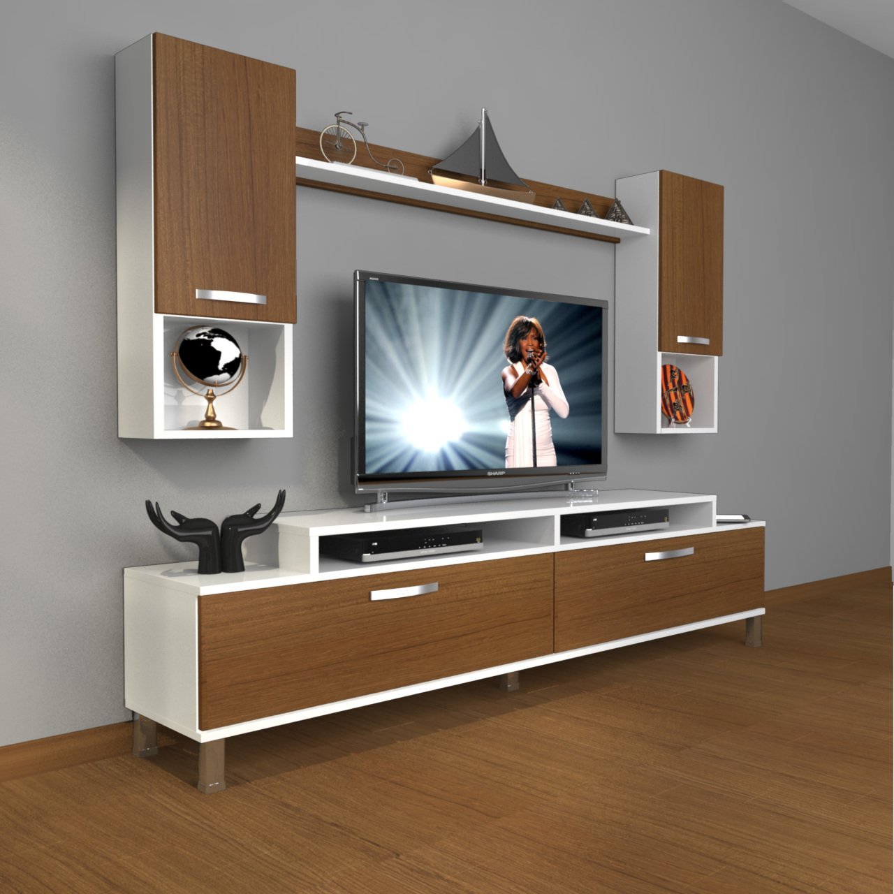 Decoraktiv Ekoflex 5DA Slm Krom Ayaklı Tv Ünitesi Tv Sehpası Beyaz - Ceviz