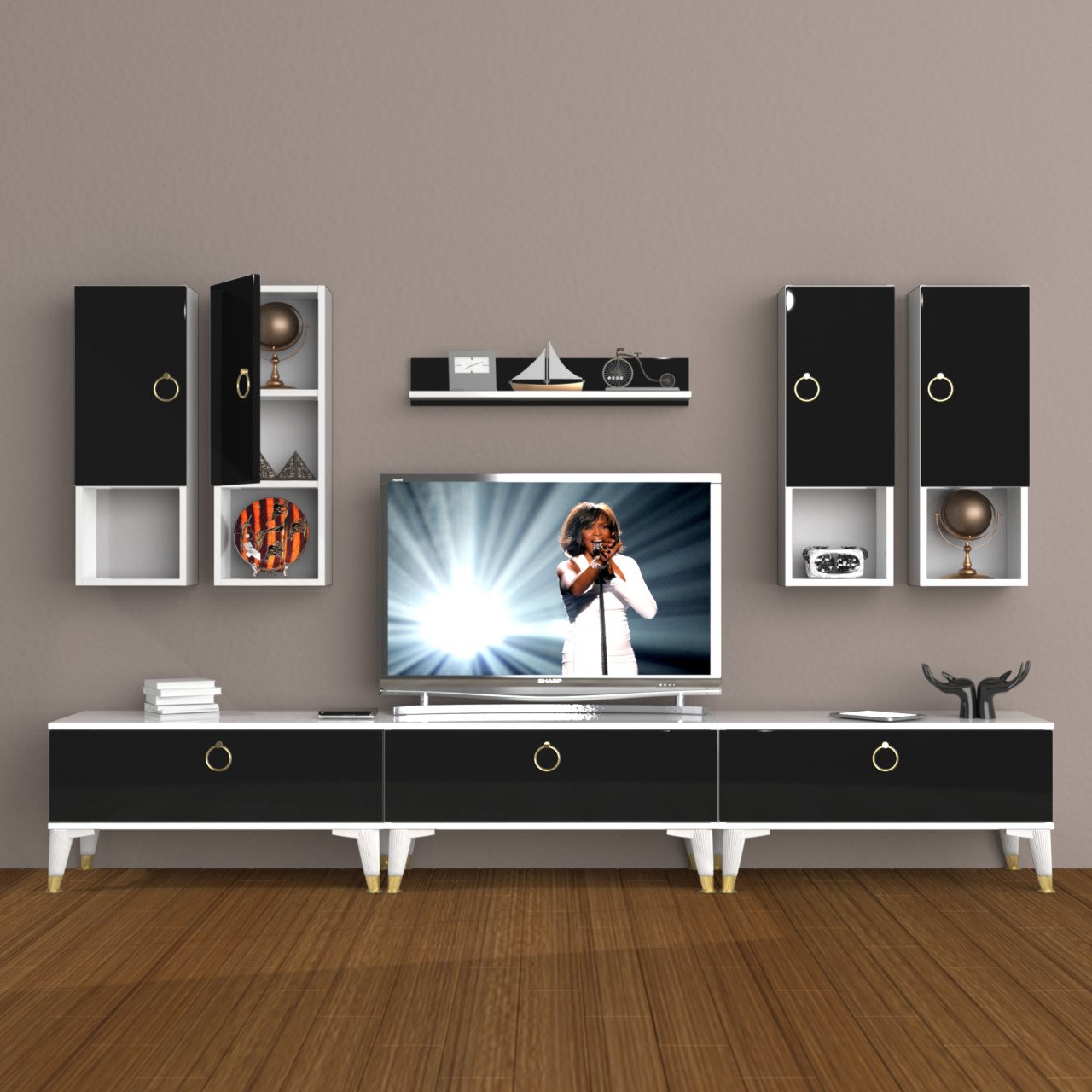 Decoraktiv Eko 8DA Mdf Gold Tv Ünitesi Tv Sehpası Beyaz - Siyah