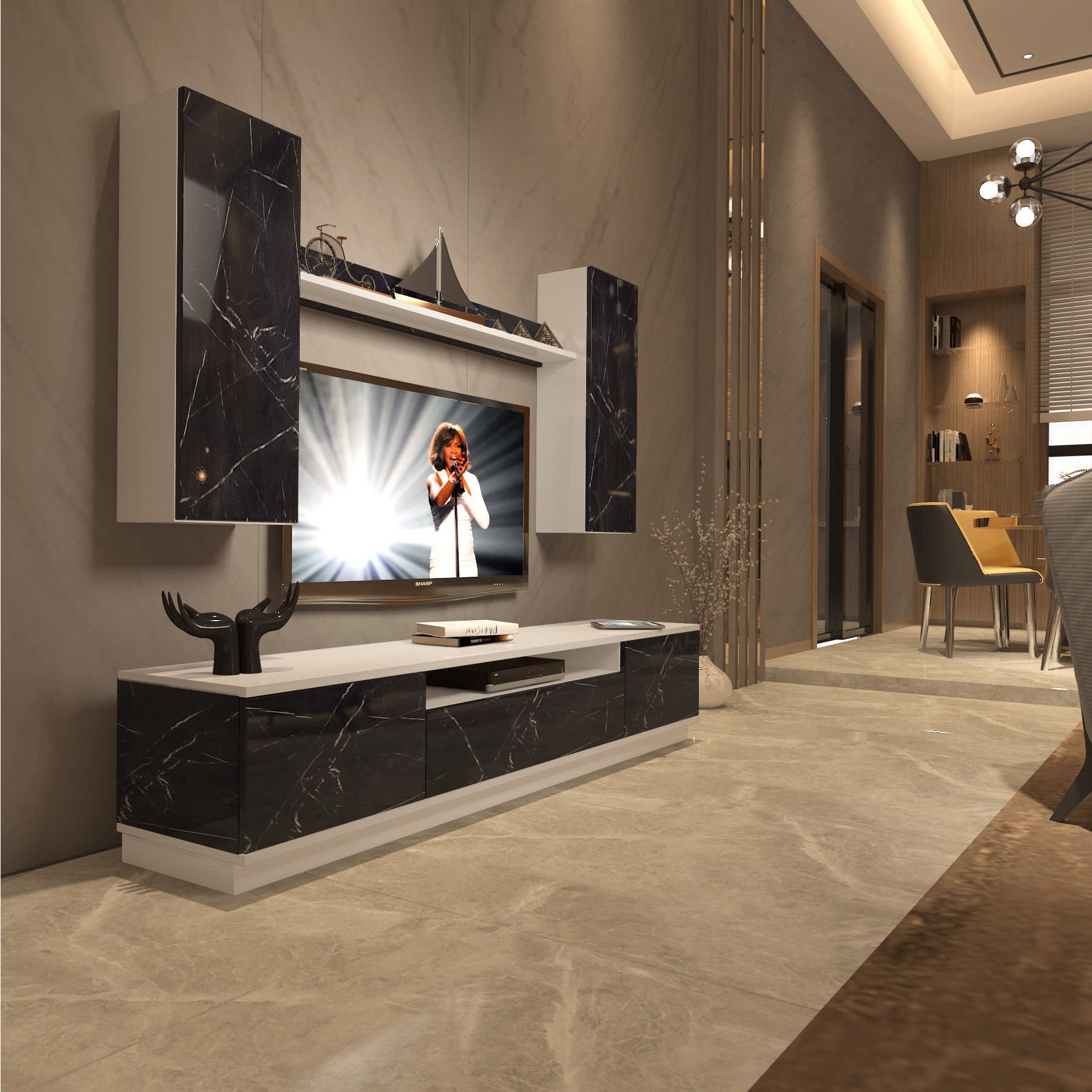 Decoraktiv Trendstyle 5DS Mdf Tv Ünitesi Tv Sehpası Beyaz - Siyah Mermer