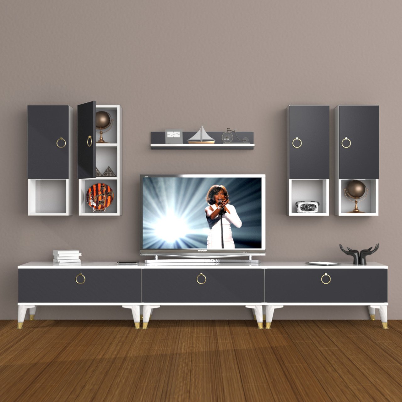 Decoraktiv Eko 8DA Mdf Gold Tv Ünitesi Tv Sehpası Beyaz - Antrasit