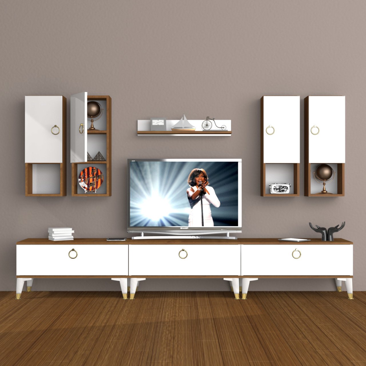Decoraktiv Eko 8DA Mdf Gold Tv Ünitesi Tv Sehpası Ceviz - Beyaz
