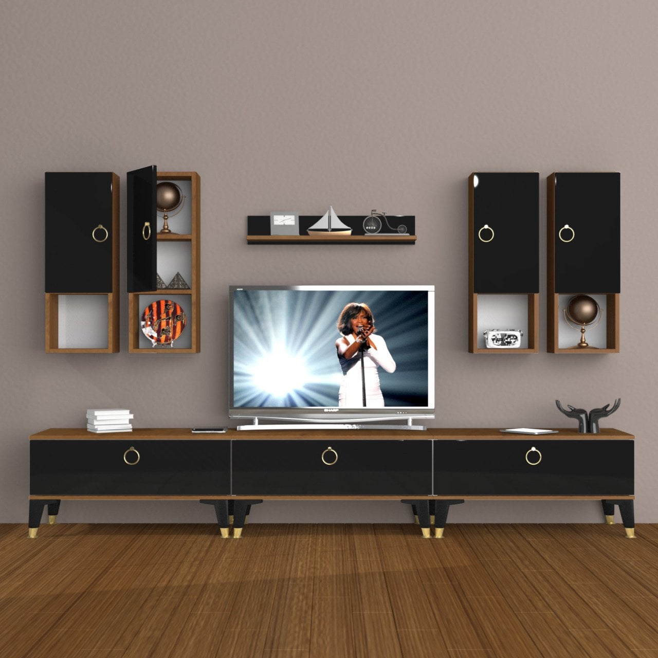Decoraktiv Eko 8DA Mdf Gold Tv Ünitesi Tv Sehpası Ceviz - Siyah