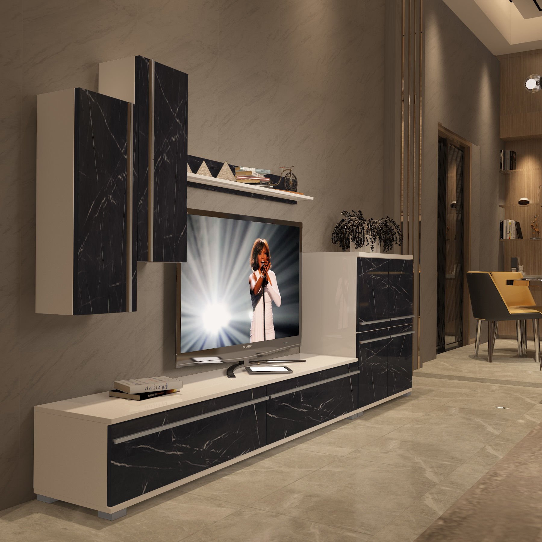 Decoraktiv Eko 6 Mdf Std Tv Ünitesi Tv Sehpası Beyaz - Siyah Mermer