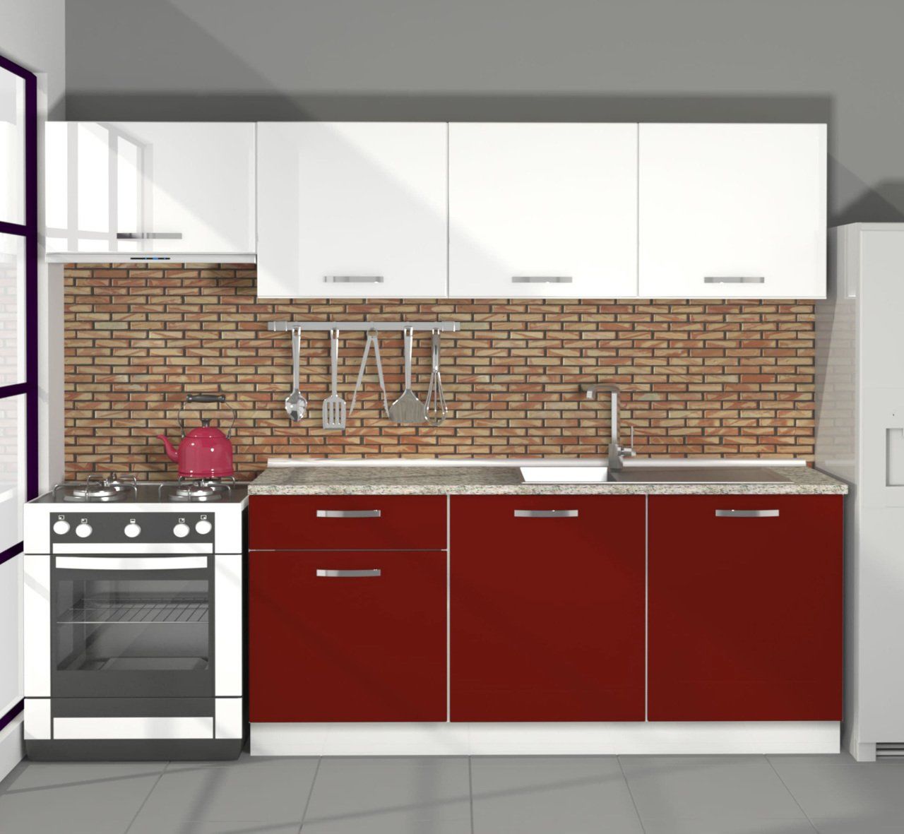 Decoraktiv Smart 240 MDF Hazır Mutfak Dolabı Bordo - Beyaz