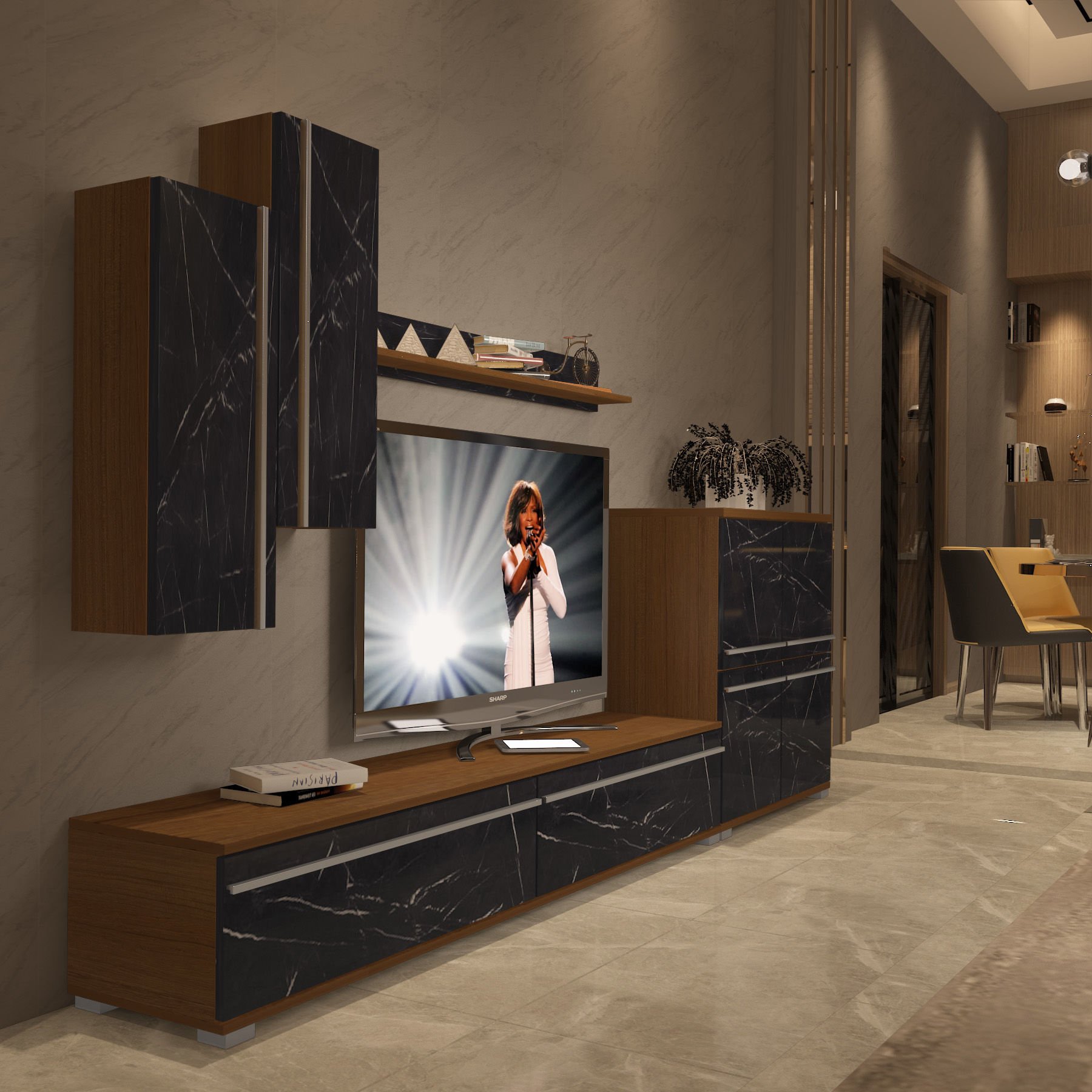 Decoraktiv Eko 6 Mdf Std Tv Ünitesi Tv Sehpası Ceviz - Siyah Mermer