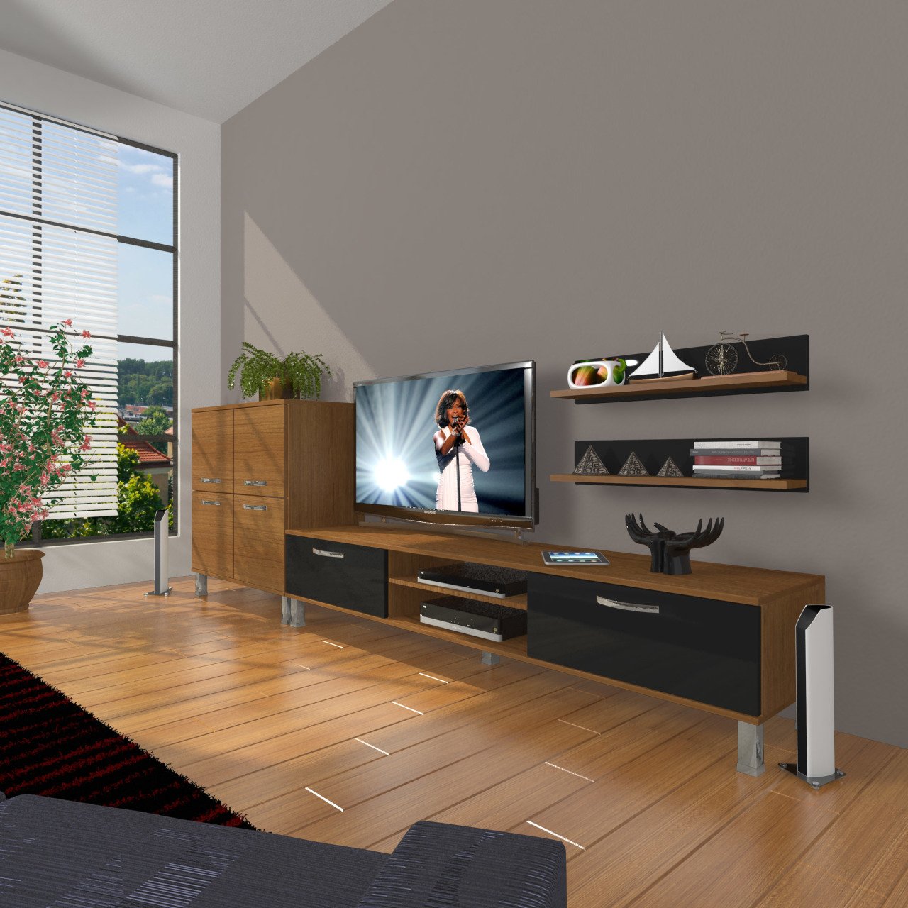 Decoraktiv Eko On Slm Dvd Krom Ayaklı Tv Ünitesi Tv Sehpası Ceviz - Siyah