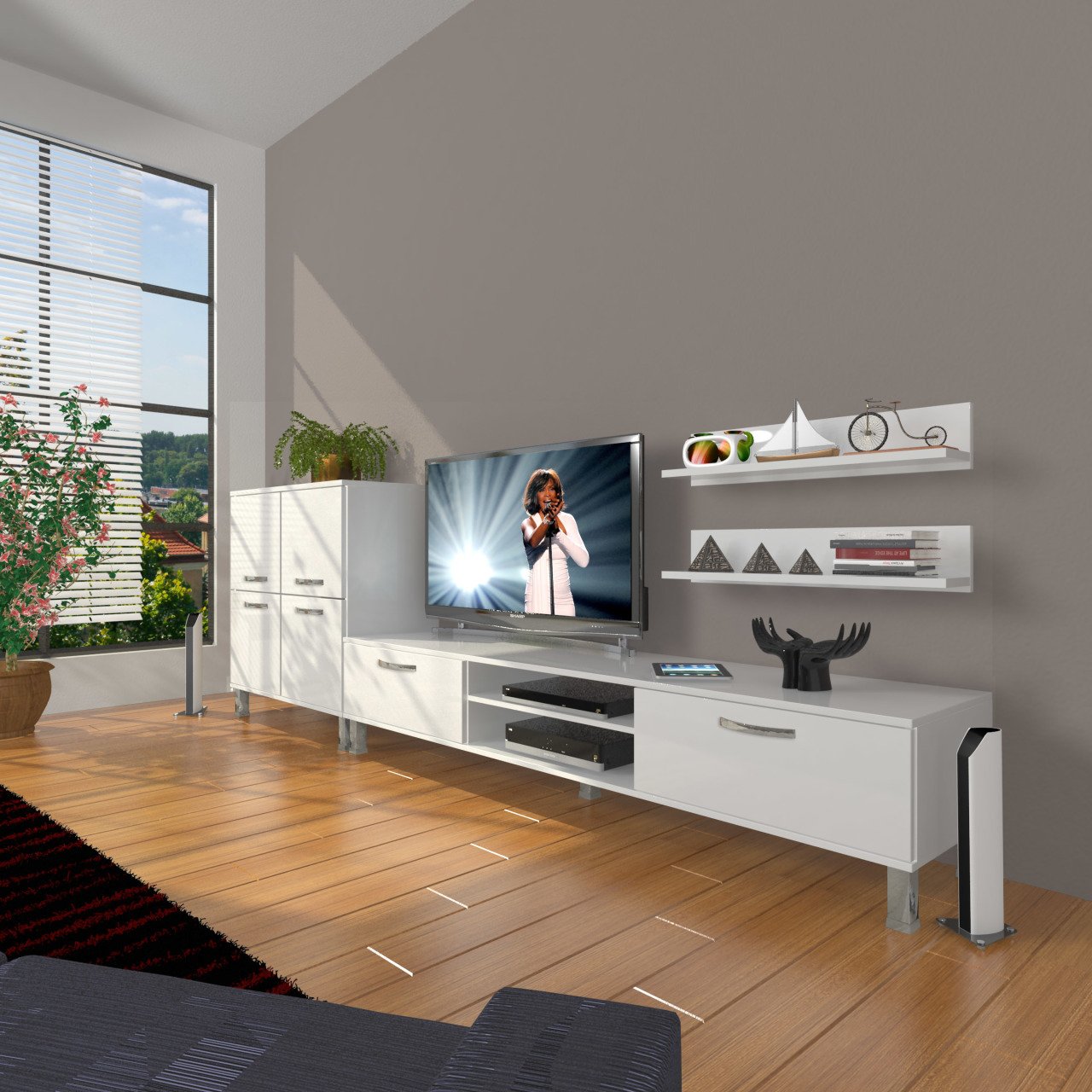 Decoraktiv Eko On Slm Dvd Krom Ayaklı Tv Ünitesi Tv Sehpası Parlak Beyaz
